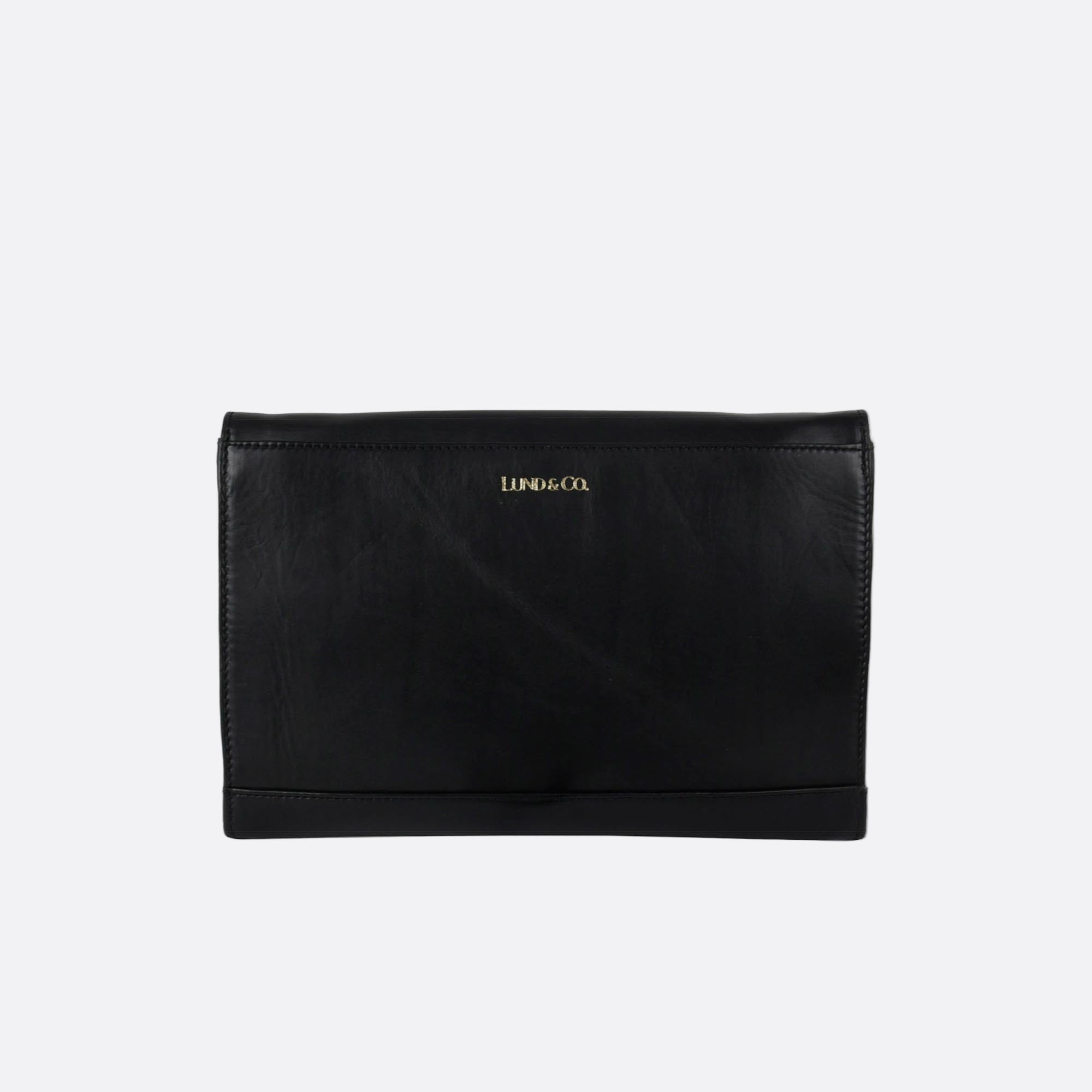 AFTON black leather clutch bag with removable shoulder strap on neutral background