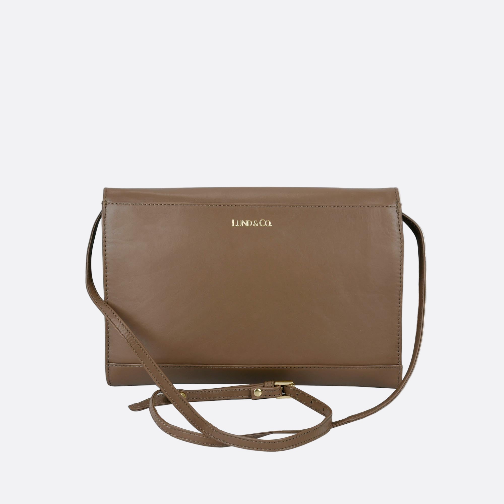 AFTON taupe leather clutch bag with removable shoulder strap on neutral background