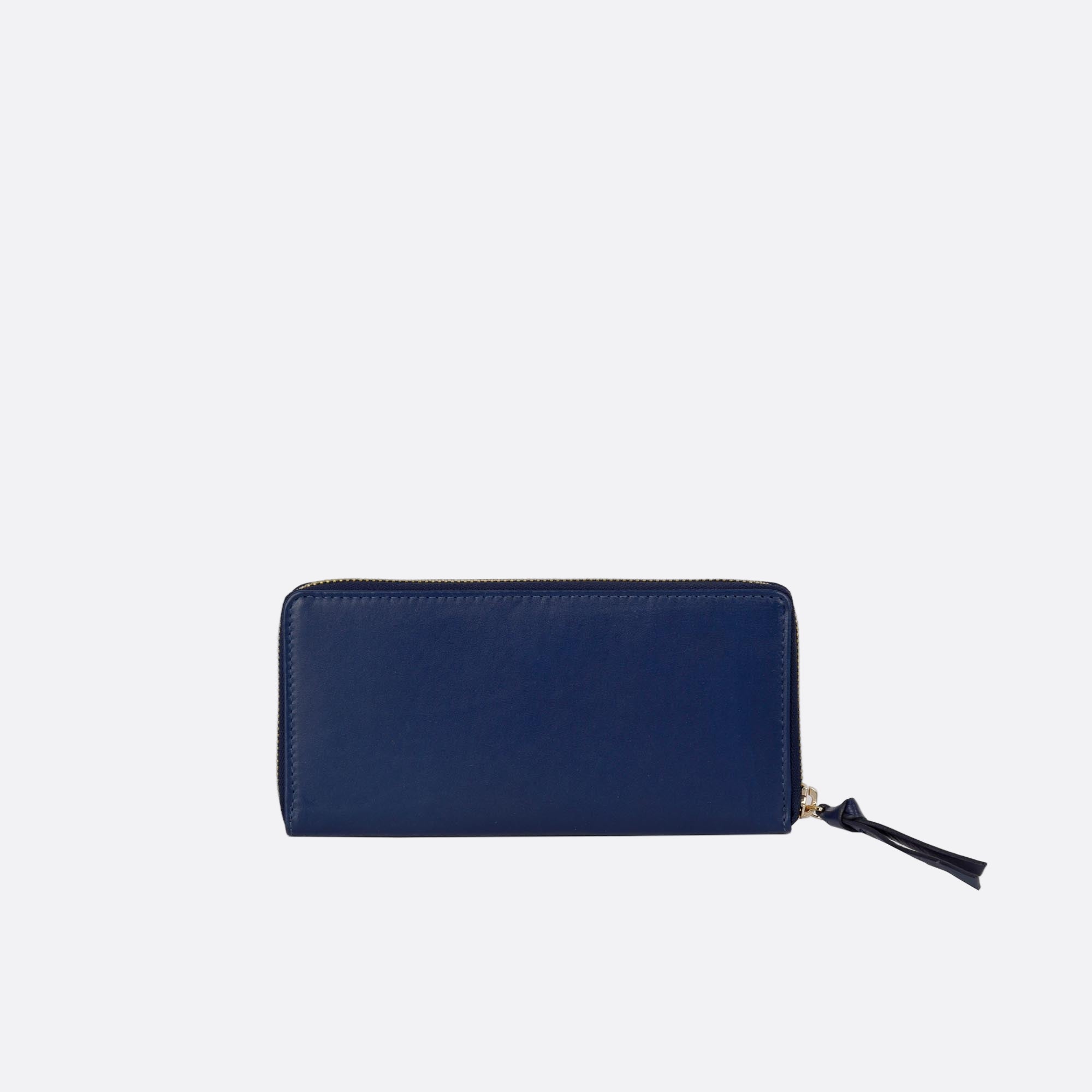 Back view of ANNA large blue leather wallet with zip-around closure
