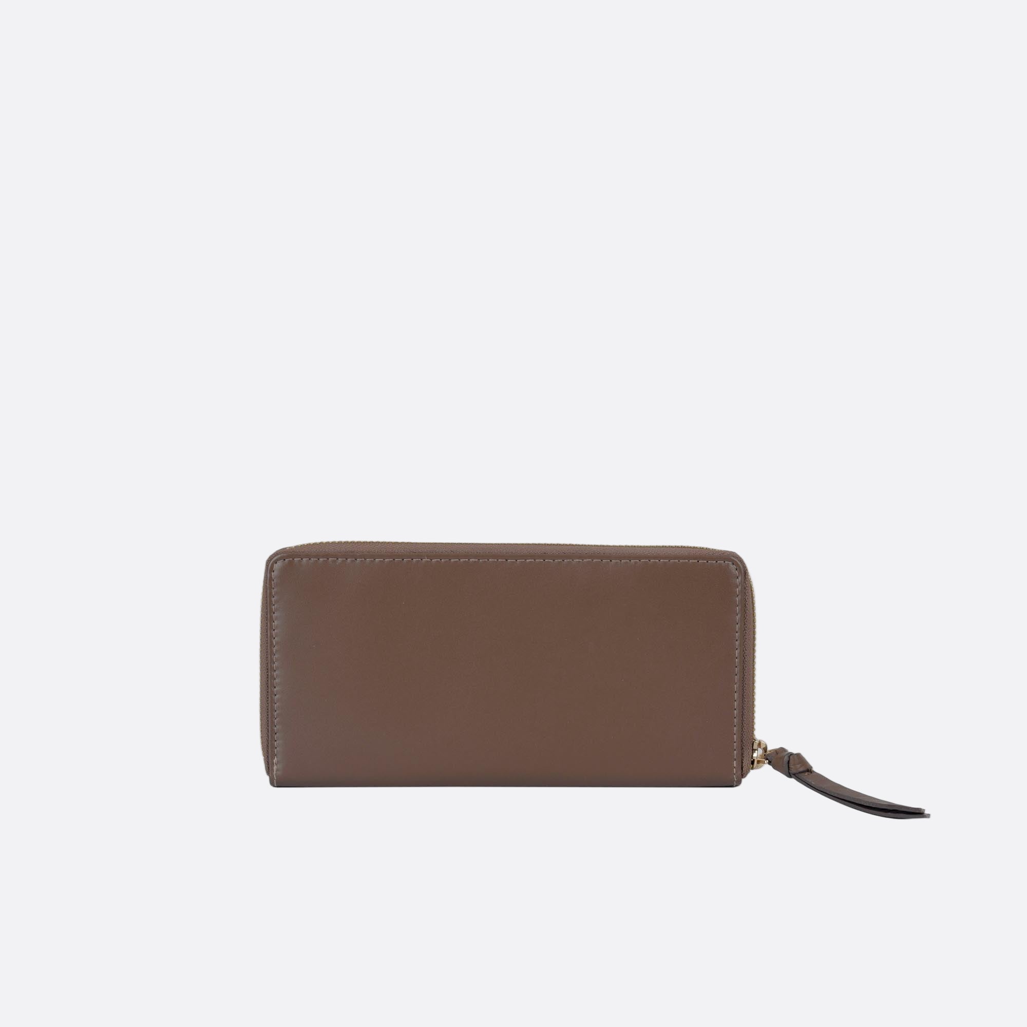 Back view of ANNA large taupe leather wallet with zip-around closure