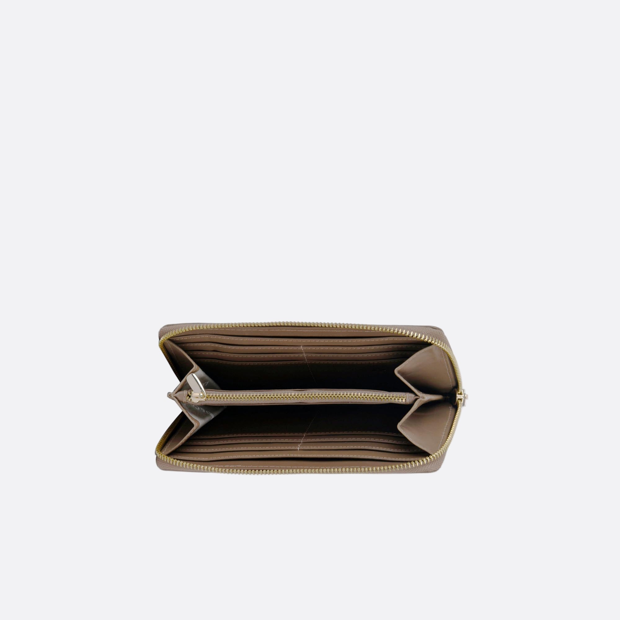 Open ANNA taupe leather wallet showing card slots, coin pocket, and compartments