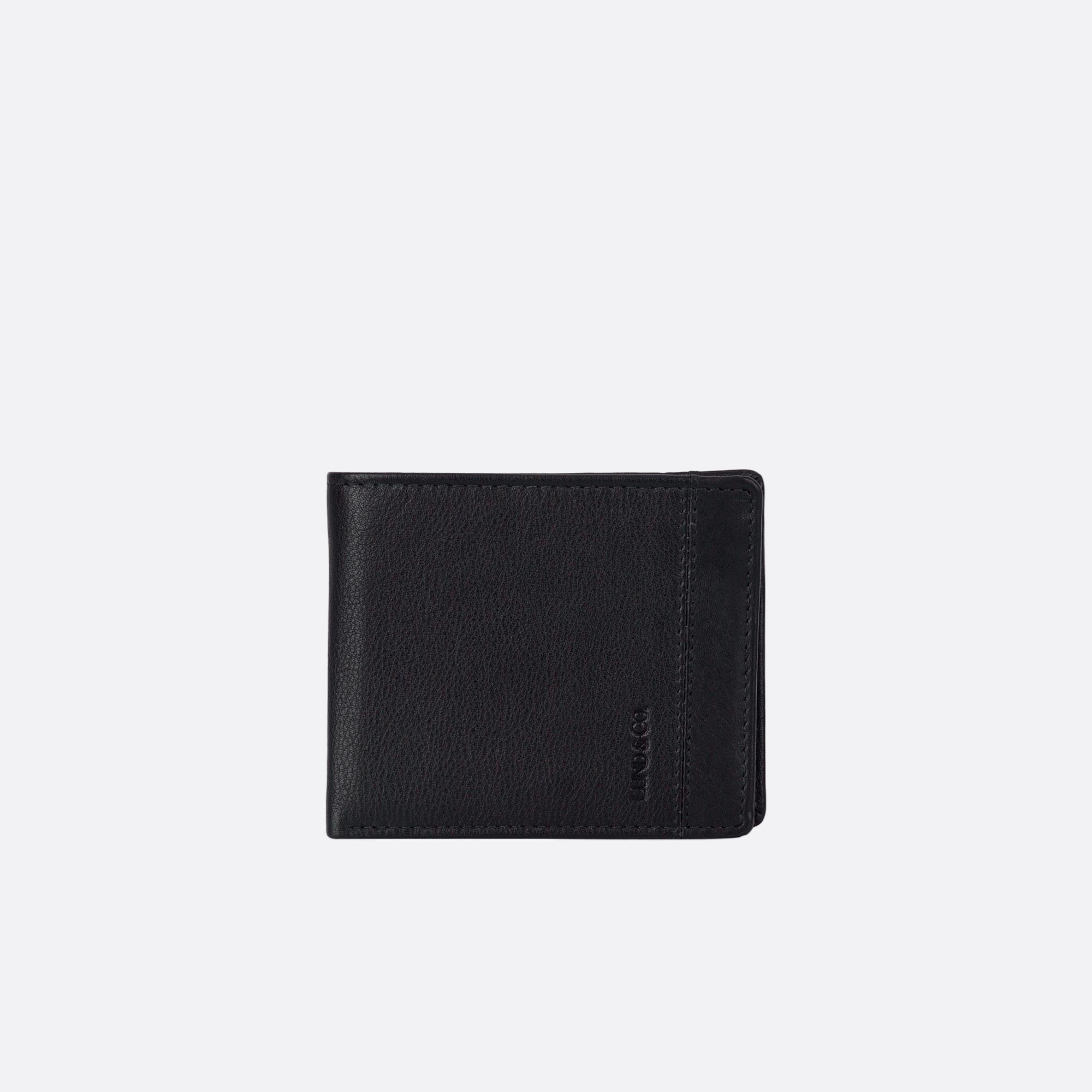 Front view of BENNY black leather wallet with folded silhouette