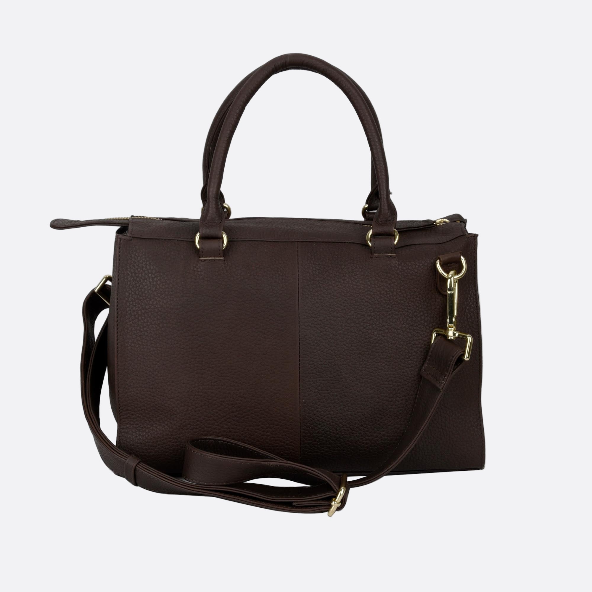 Back view of BJORK medium leather tote with structured shape and gold detailing.