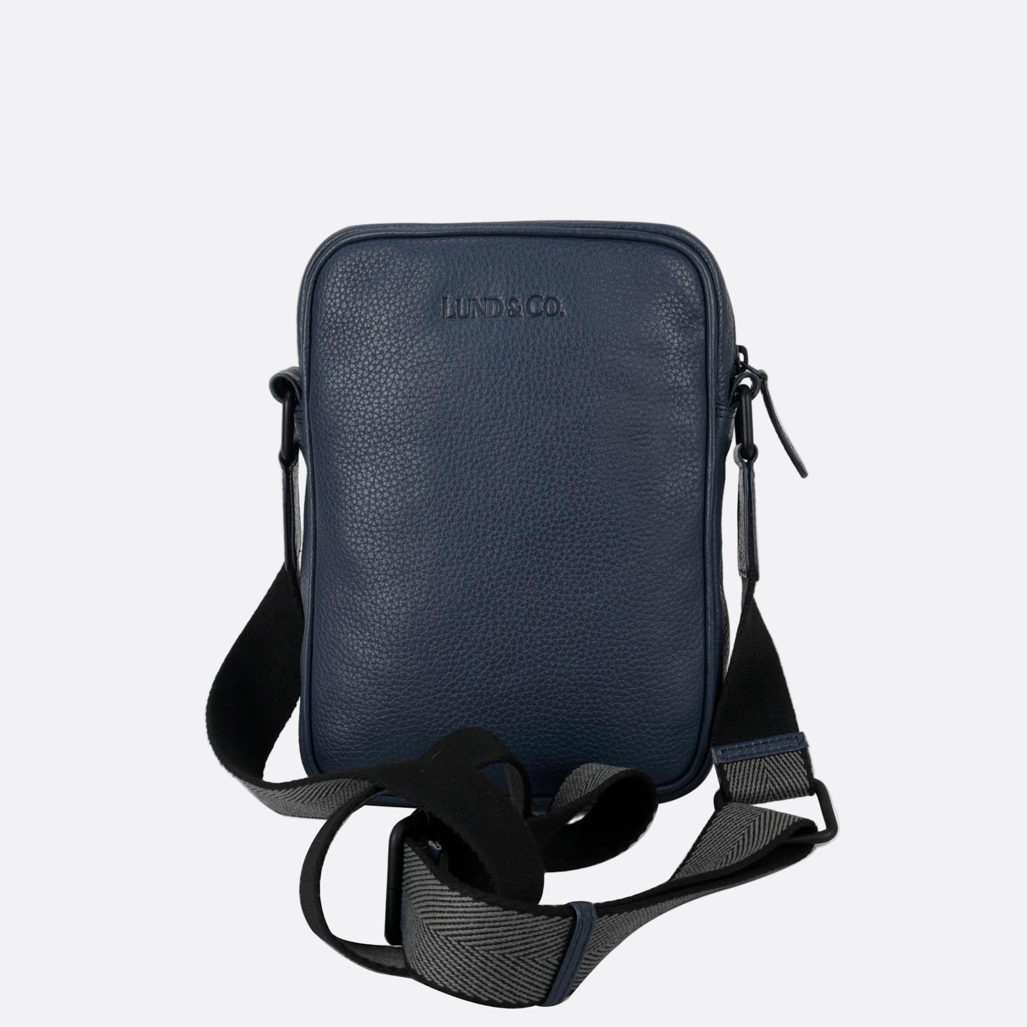 Back view of KAFFE small blue leather crossbody bag with zip closure