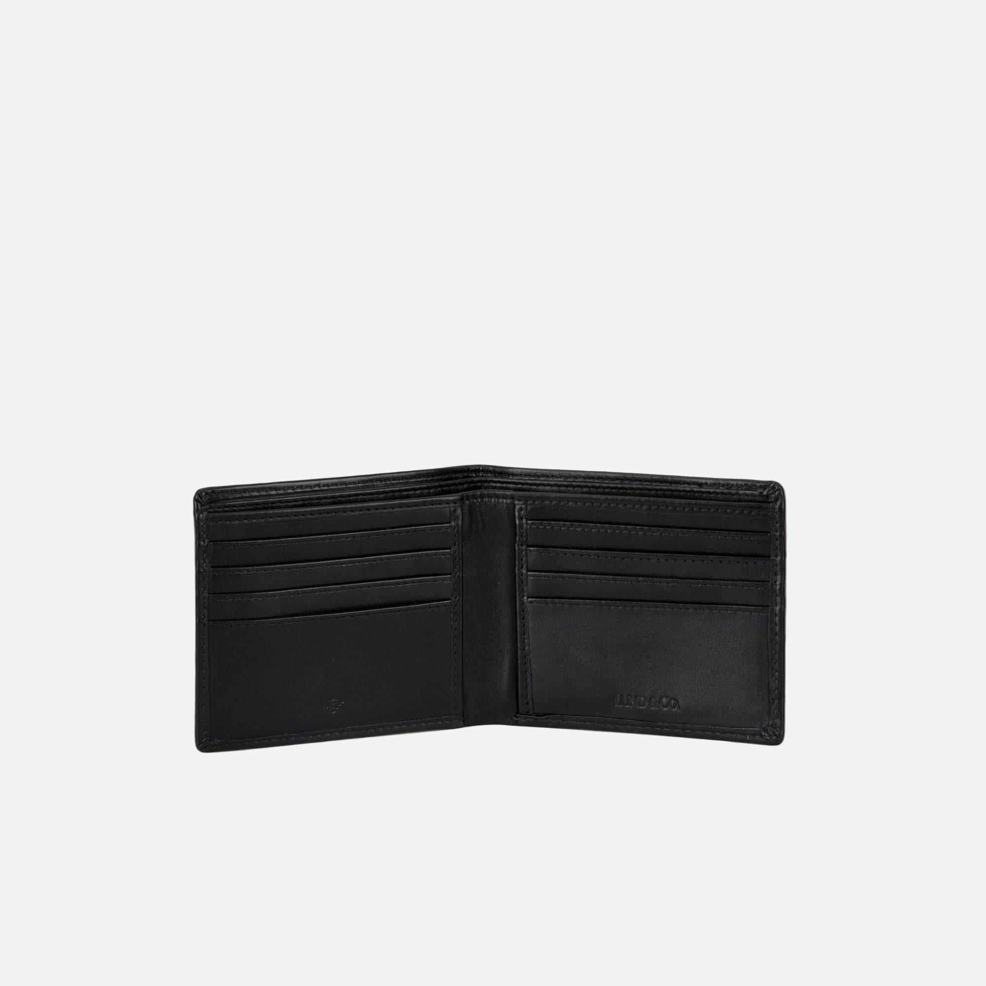 Open KNAPP black leather wallet with showing card slots and RFID tag