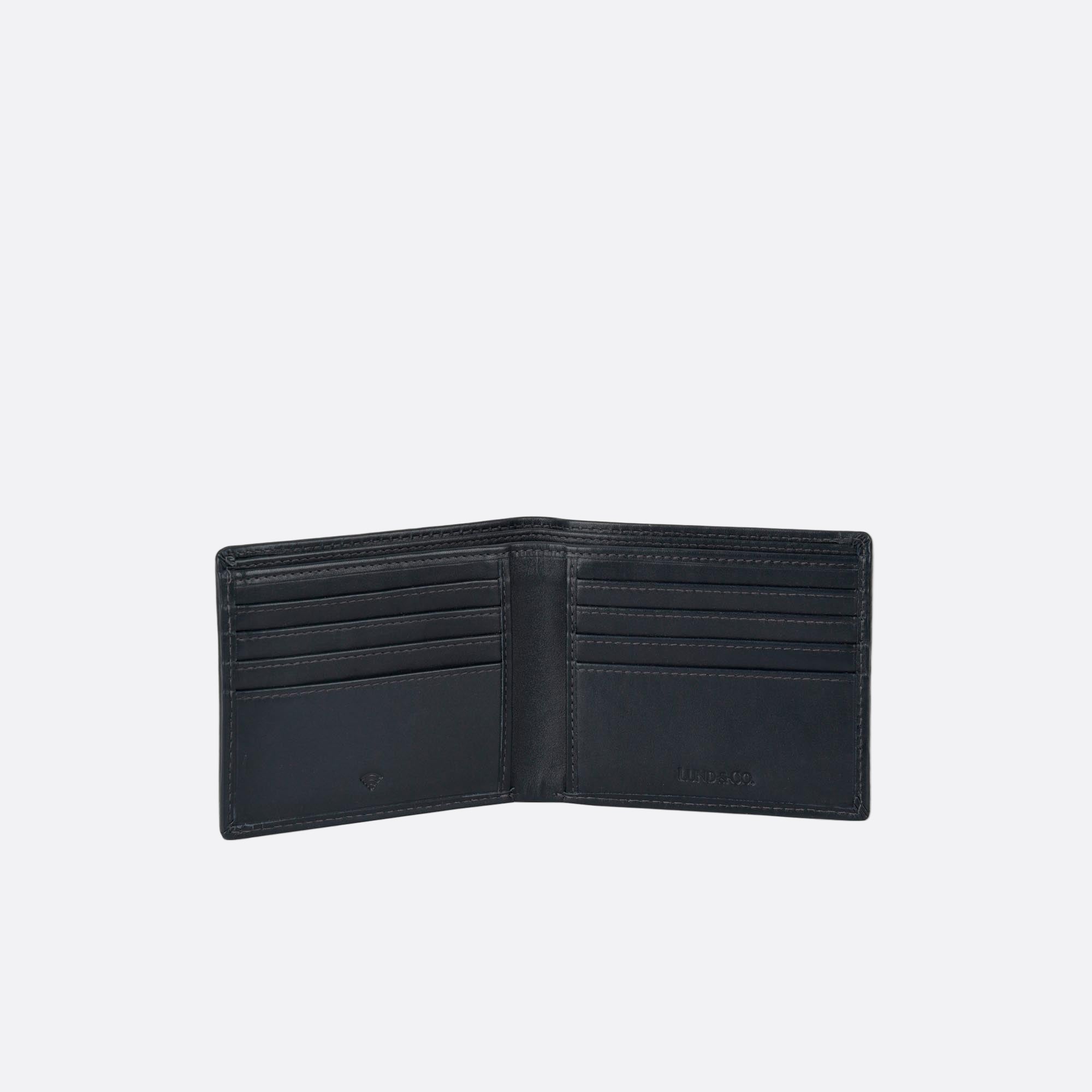 Open KNAPP blue leather wallet with showing card slots and RFID tag