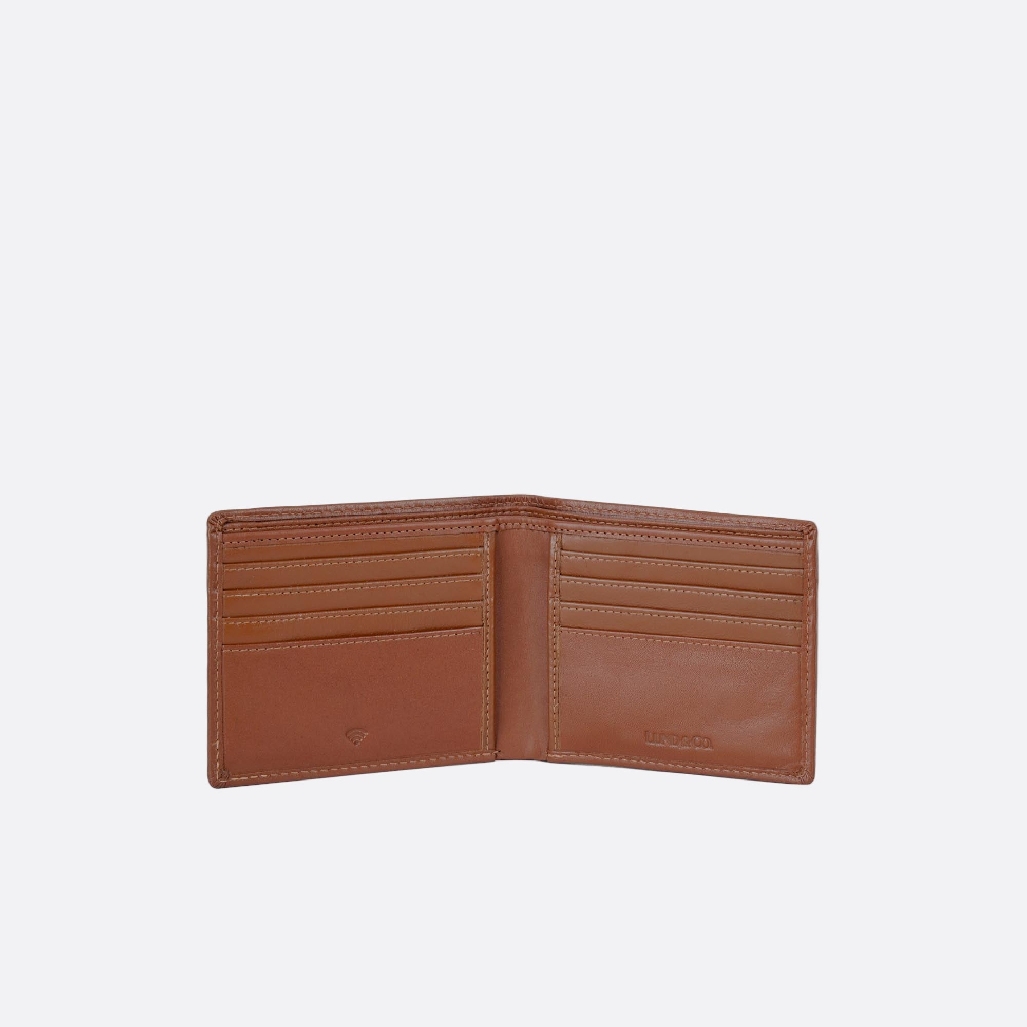 Open KNAPP tan leather wallet with showing card slots and RFID tag