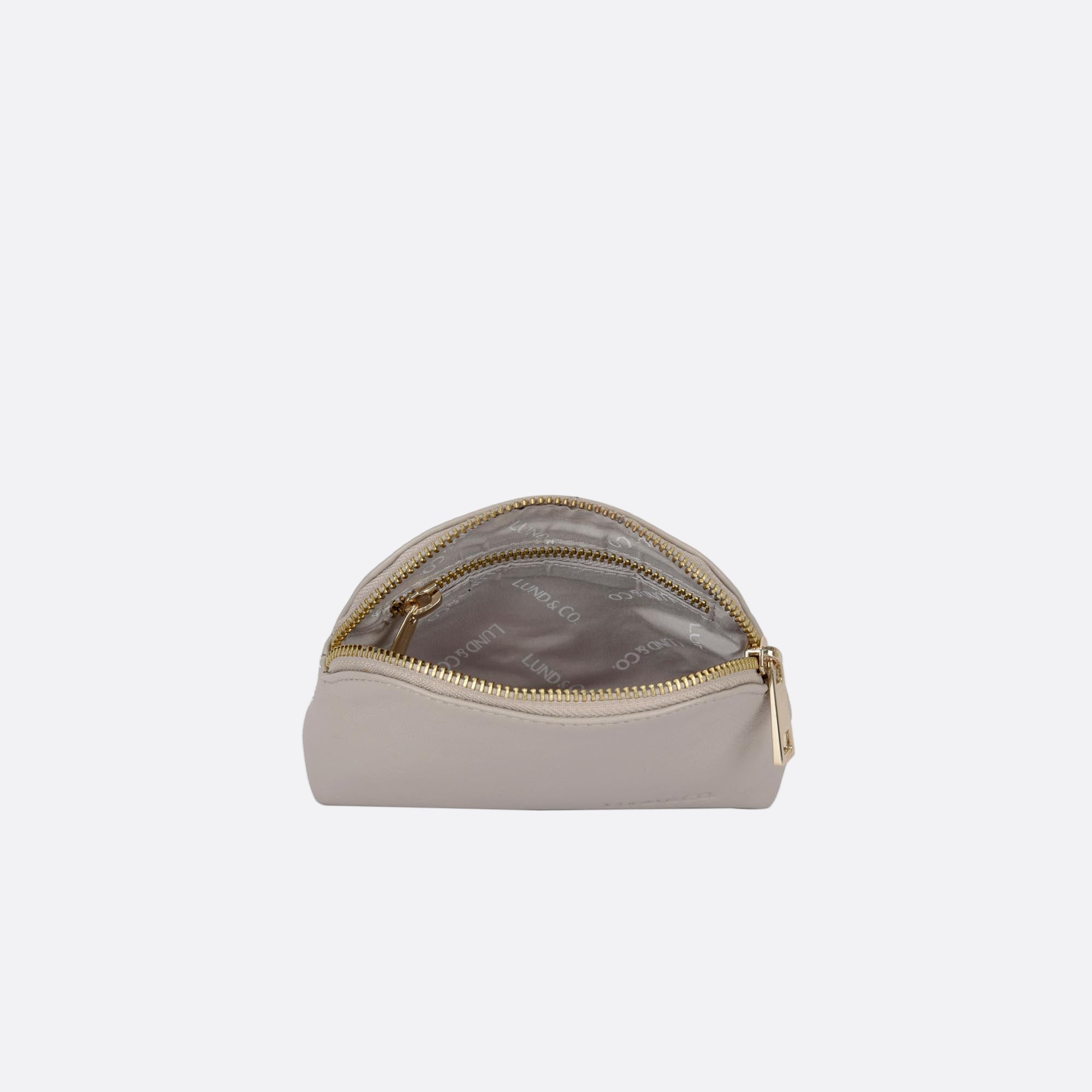 Top-down view of open LILLA-L beige leather purse showing branded lining, compartments and zip closure.
