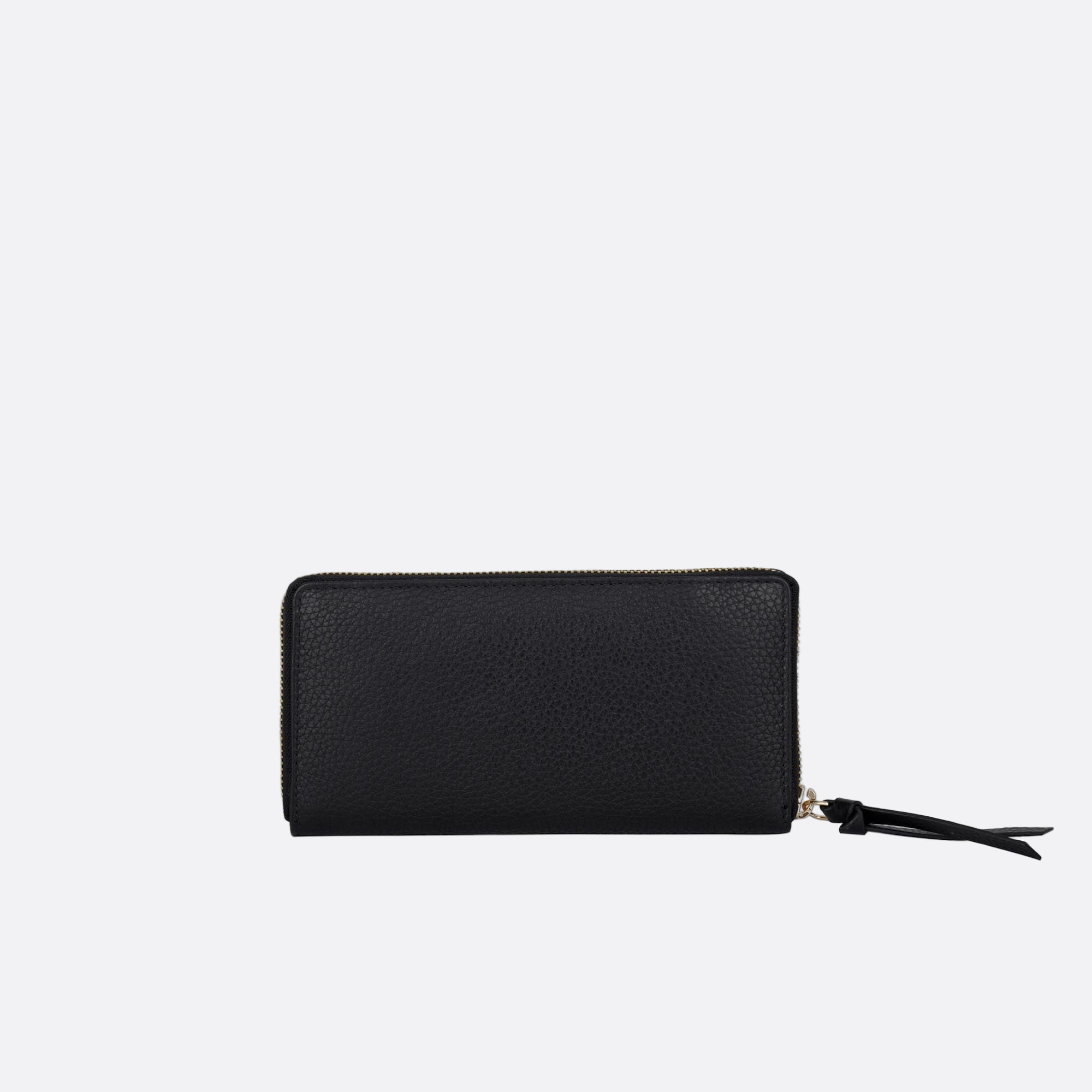 Back view of MYNT large black leather wallet with structured silhouette
