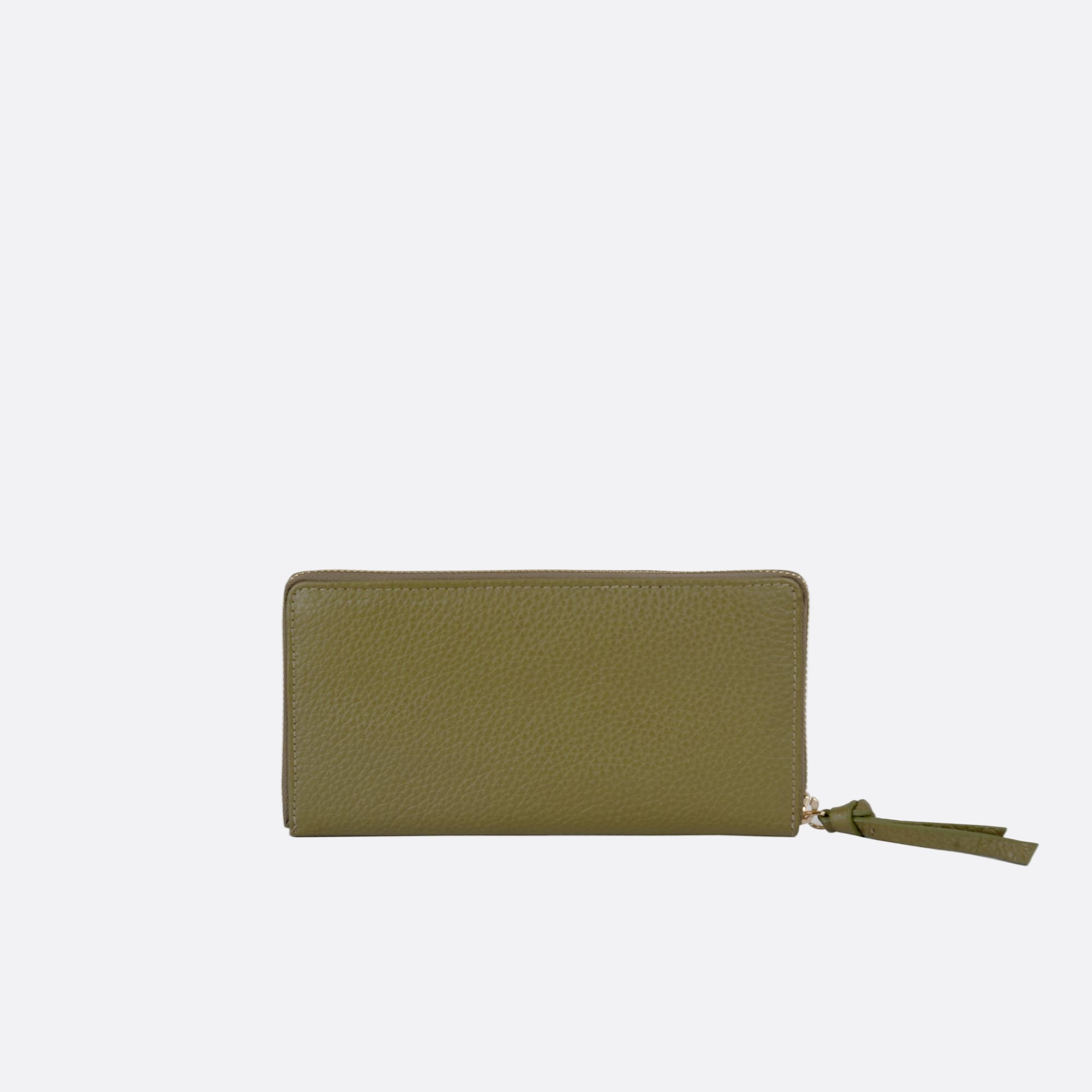 Back view of MYNT large green leather wallet with structured silhouette