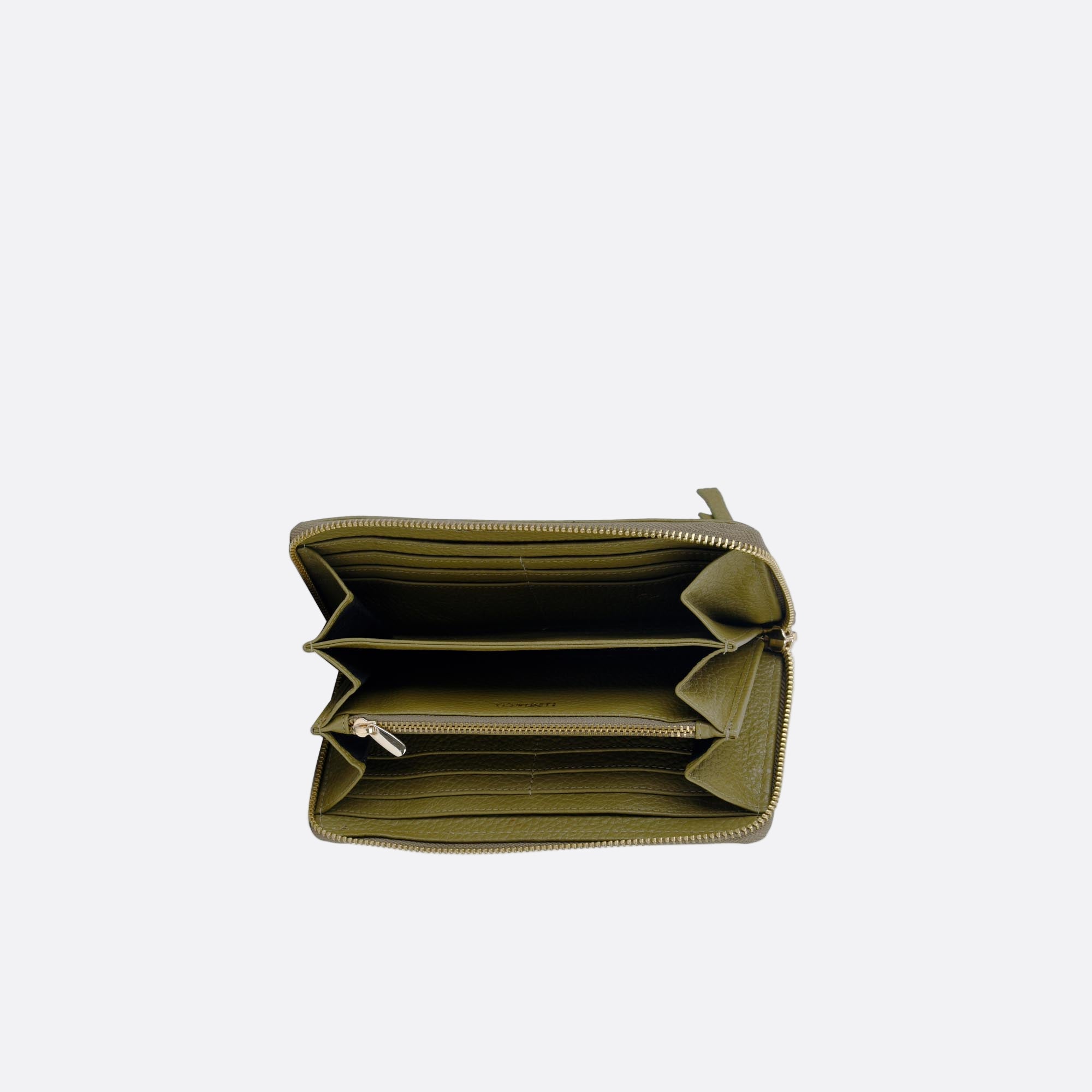 Top-down view of open MYNT large green wallet revealing card slots and compartments