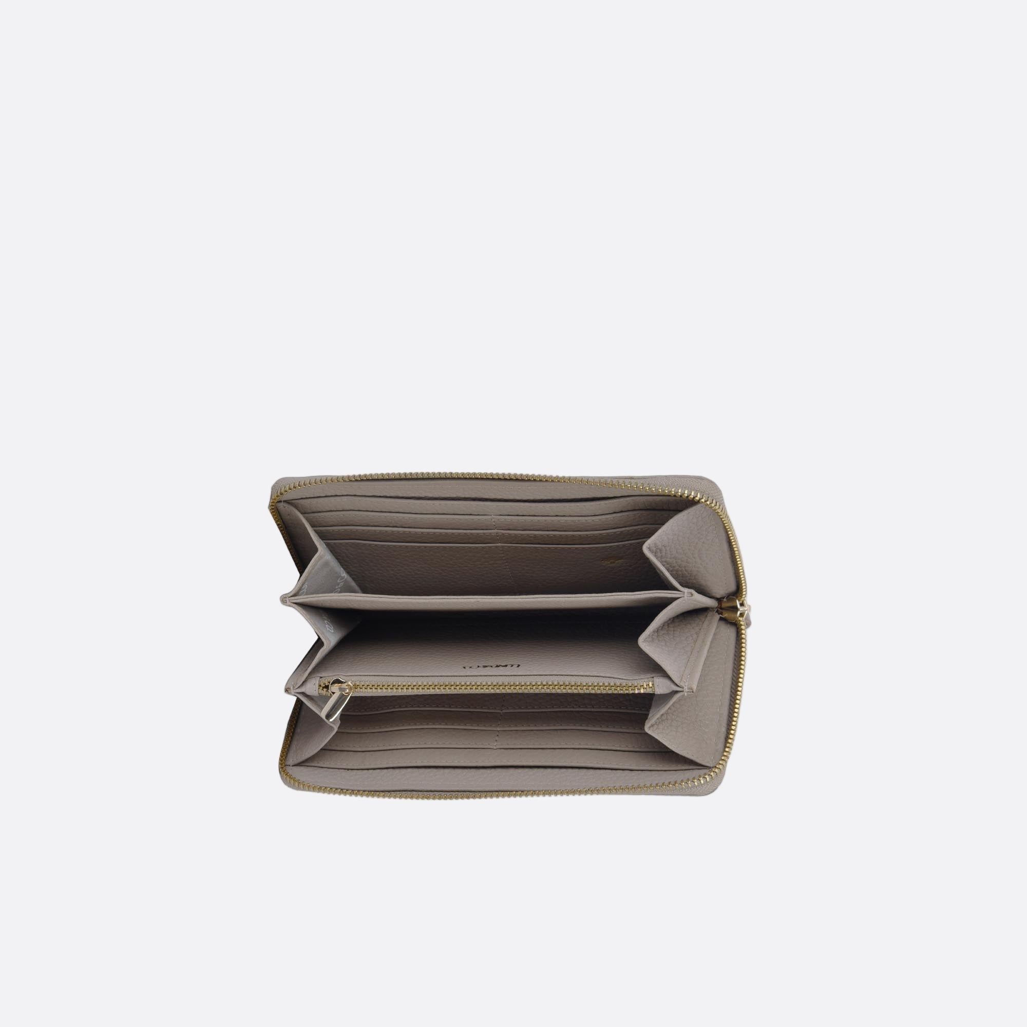 Top-down view of open MYNT large beige wallet revealing card slots and compartments