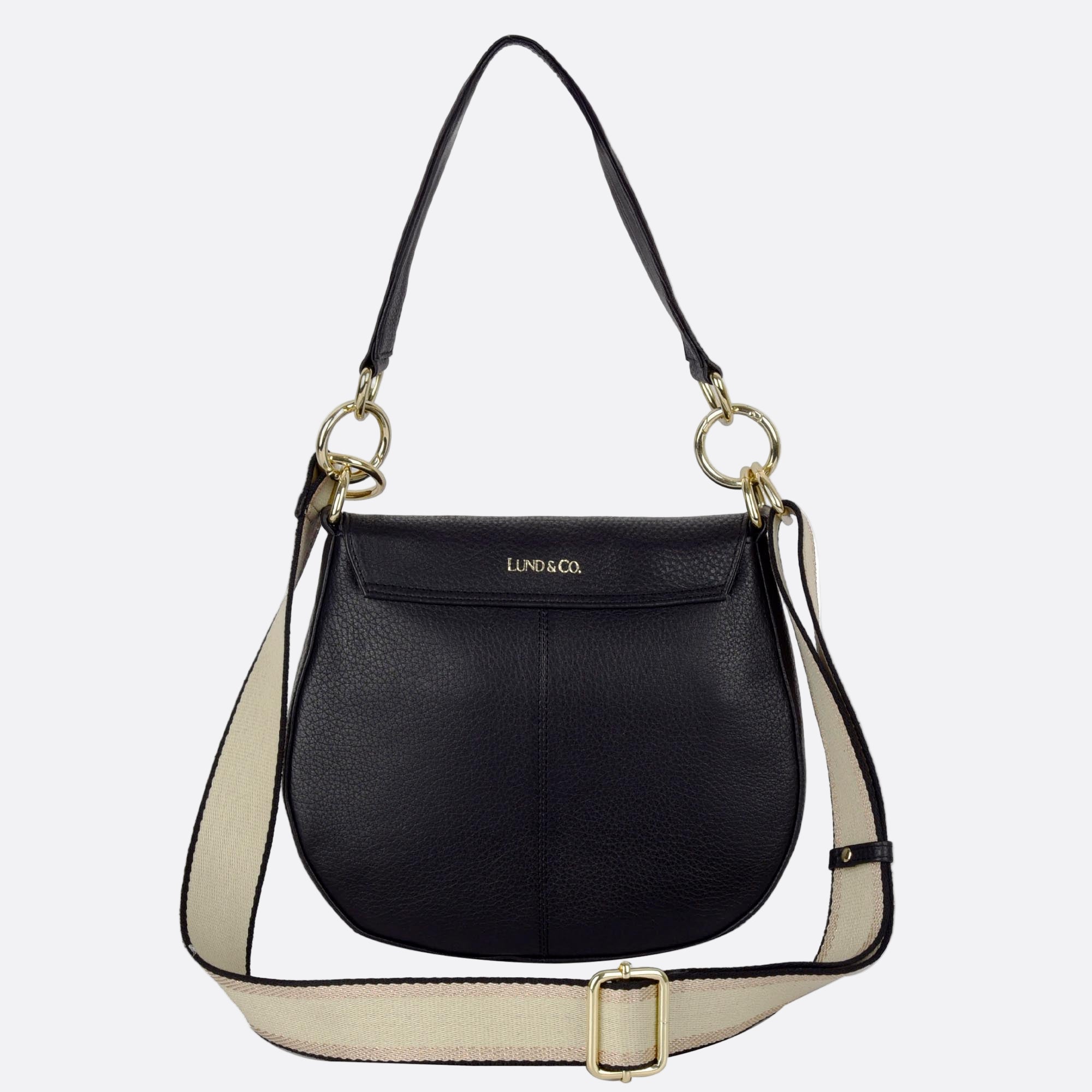 Back view of NALLE black leather crossbody shoulder bag with soft structure, leather shoulder strap and adjustable webbing strap
