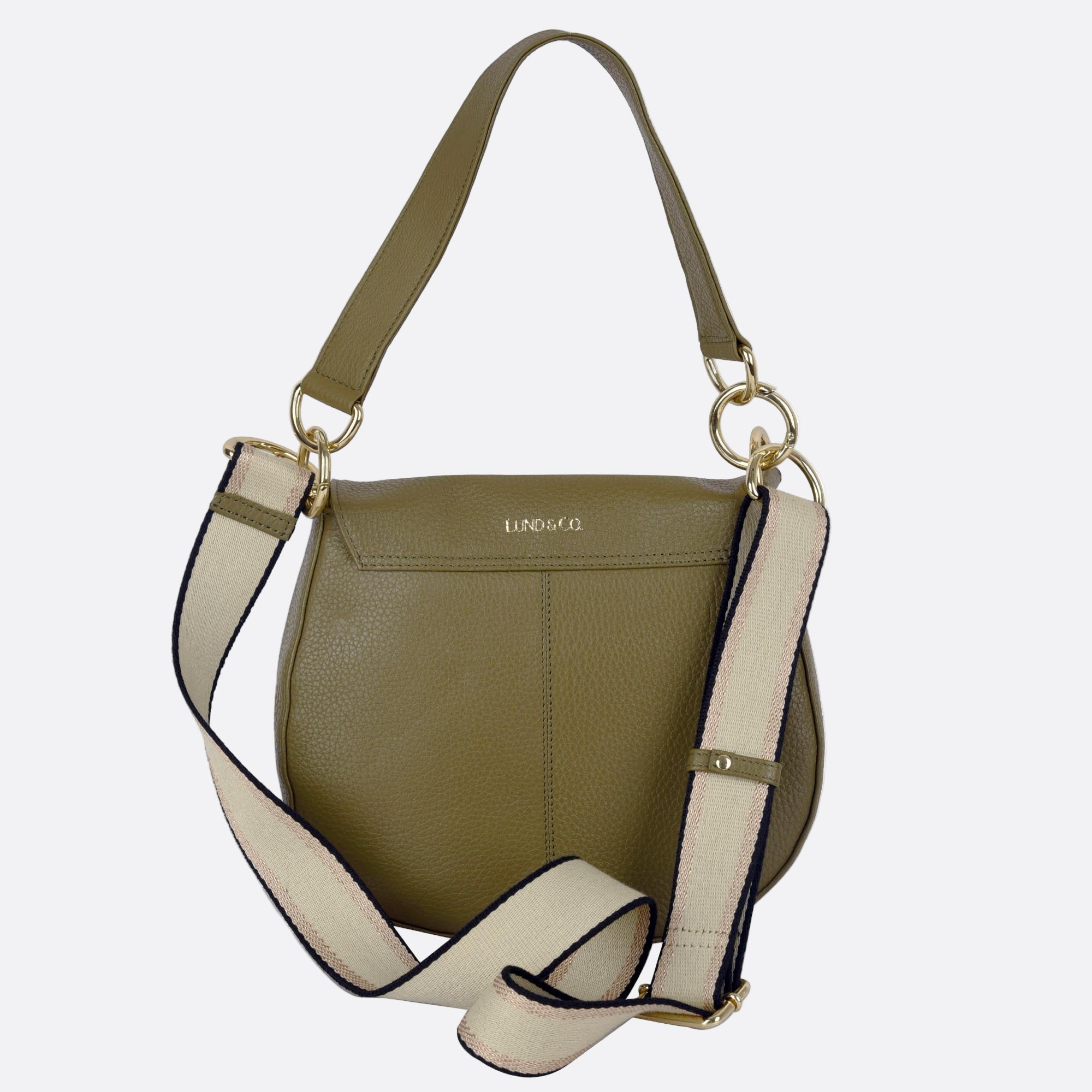 Front view of NALLE green leather crossbody shoulder bag with soft structure, leather shoulder strap and adjustable webbed crossbody strap