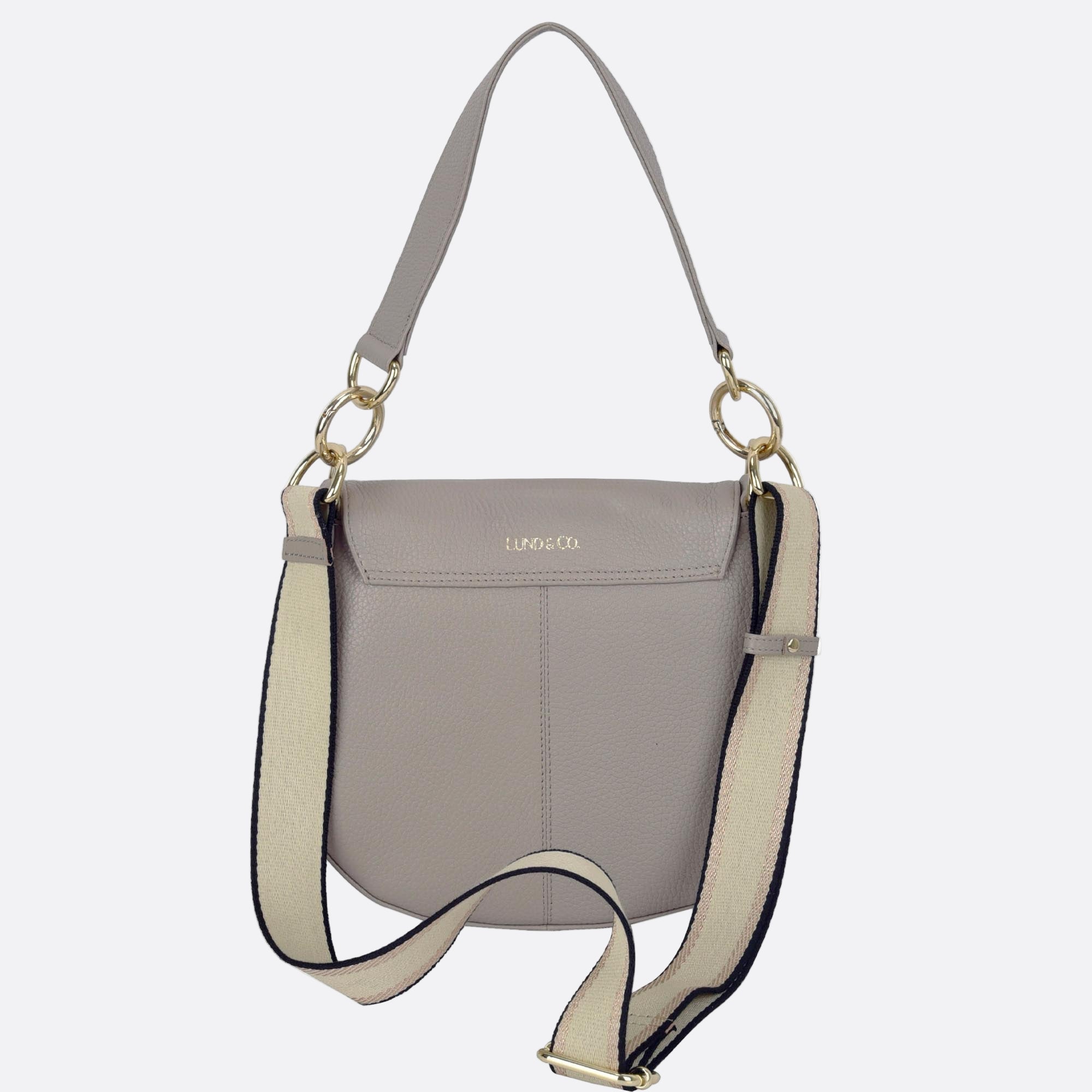 Back view of NALLE beige leather crossbody shoulder bag with soft structure and leather shoulder and webbed crossbody straps