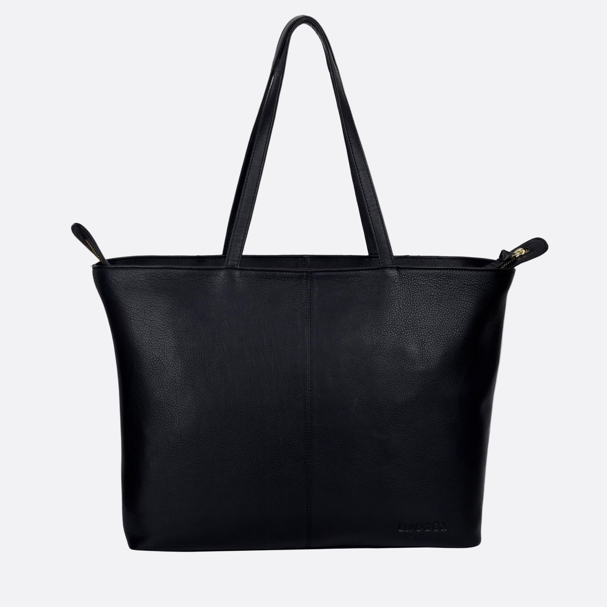 Back view of NORRA large black leather tote with structured design and leather shoulder straps
