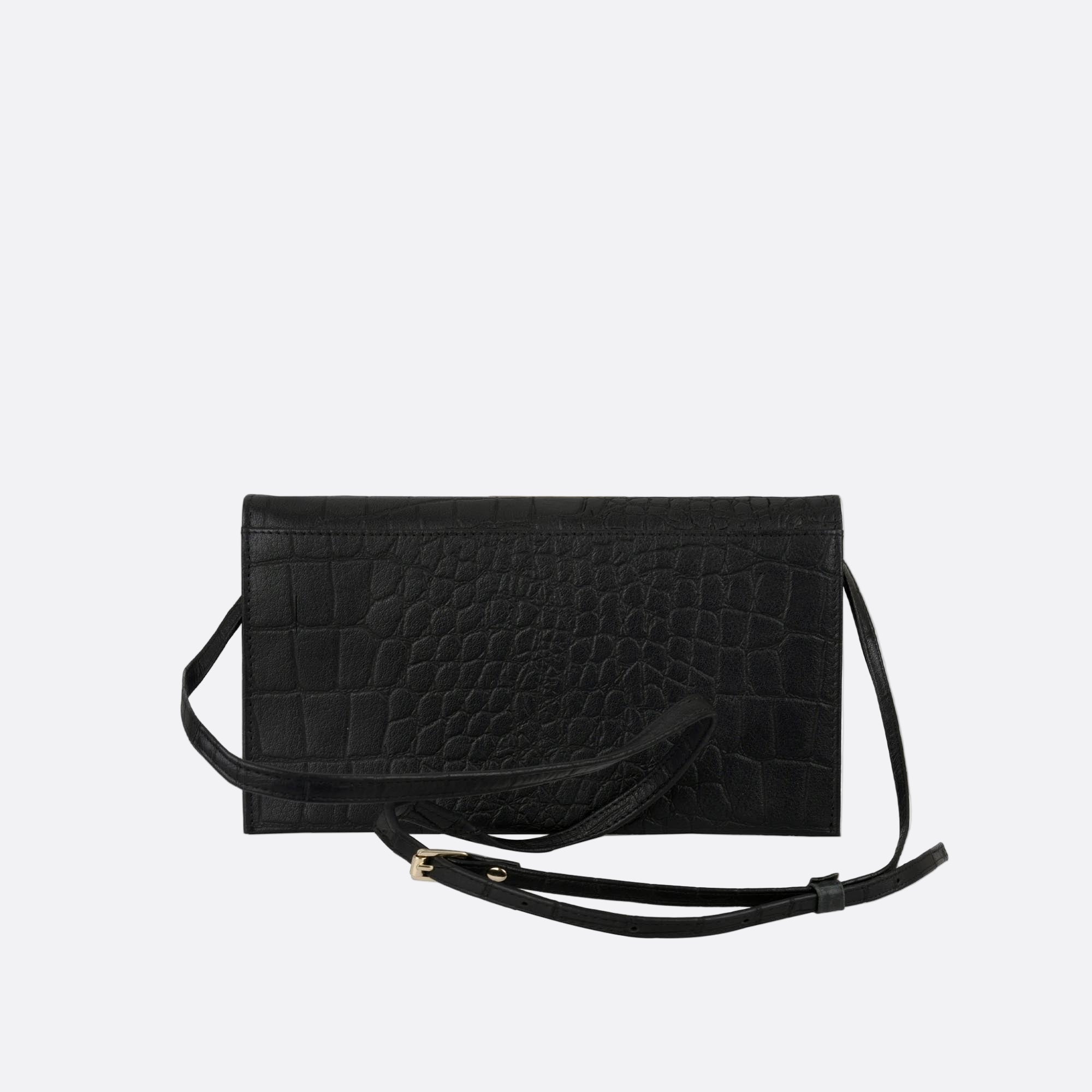 Back view of SOMMARLOV black croc leather crossbody clutch with slim silhouette and a adjustable and removable leather strap.