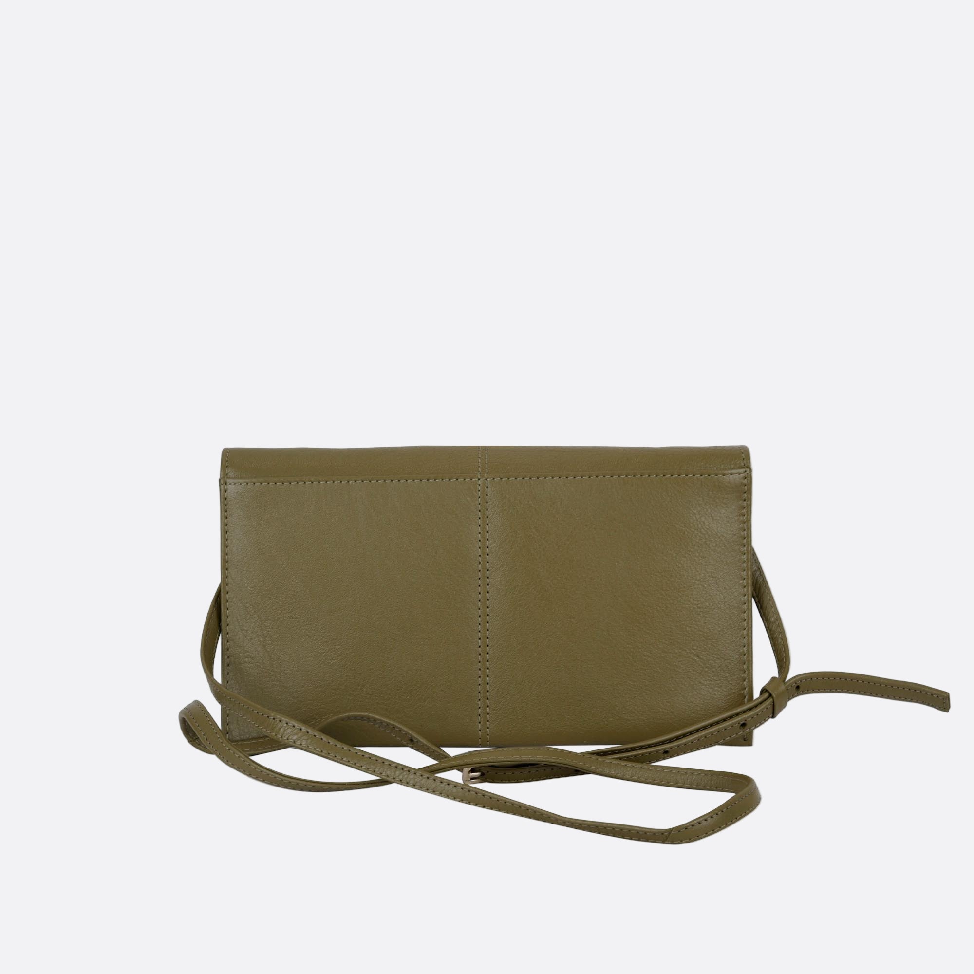 Back view of SOMMARLOV green leather crossbody clutch with slim silhouette and adjustable and removable slim leather strap