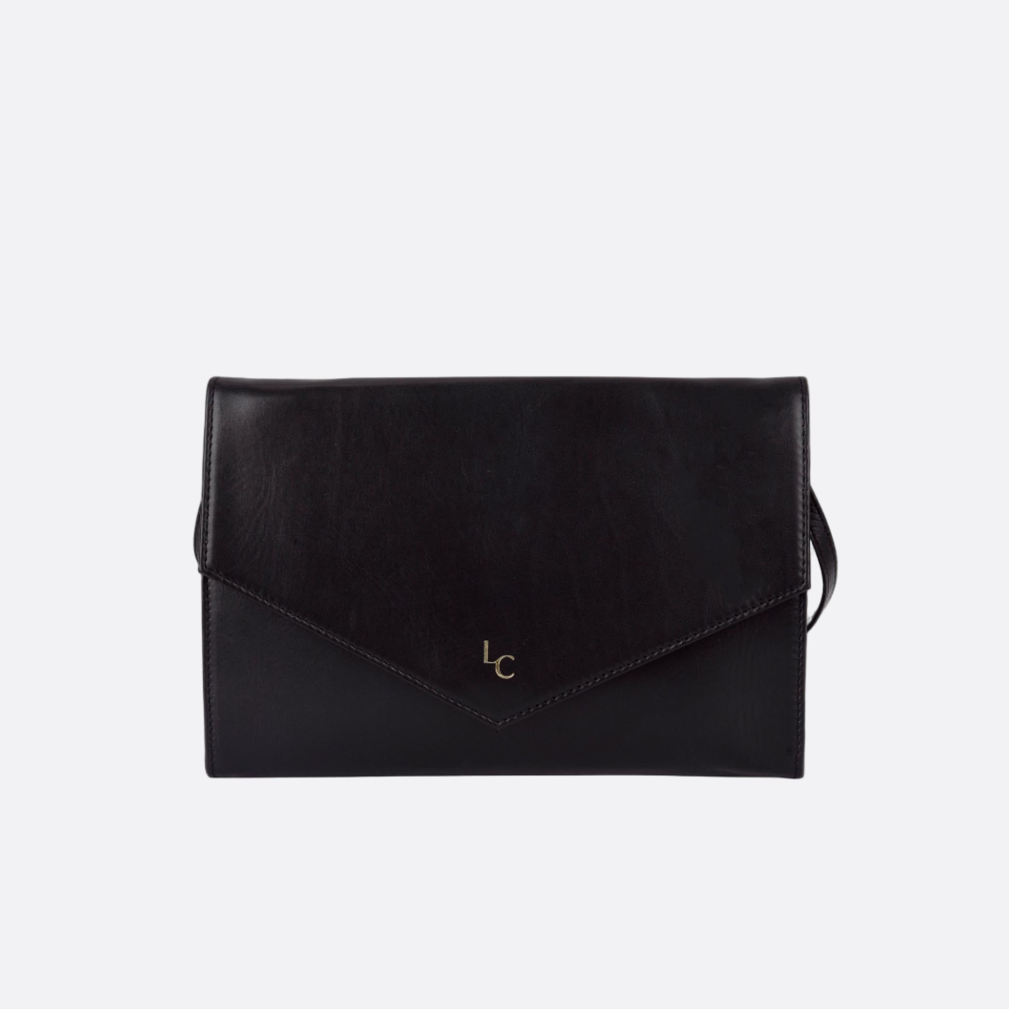 Front view of AFTON black leather envelope clutch bag with flap closure