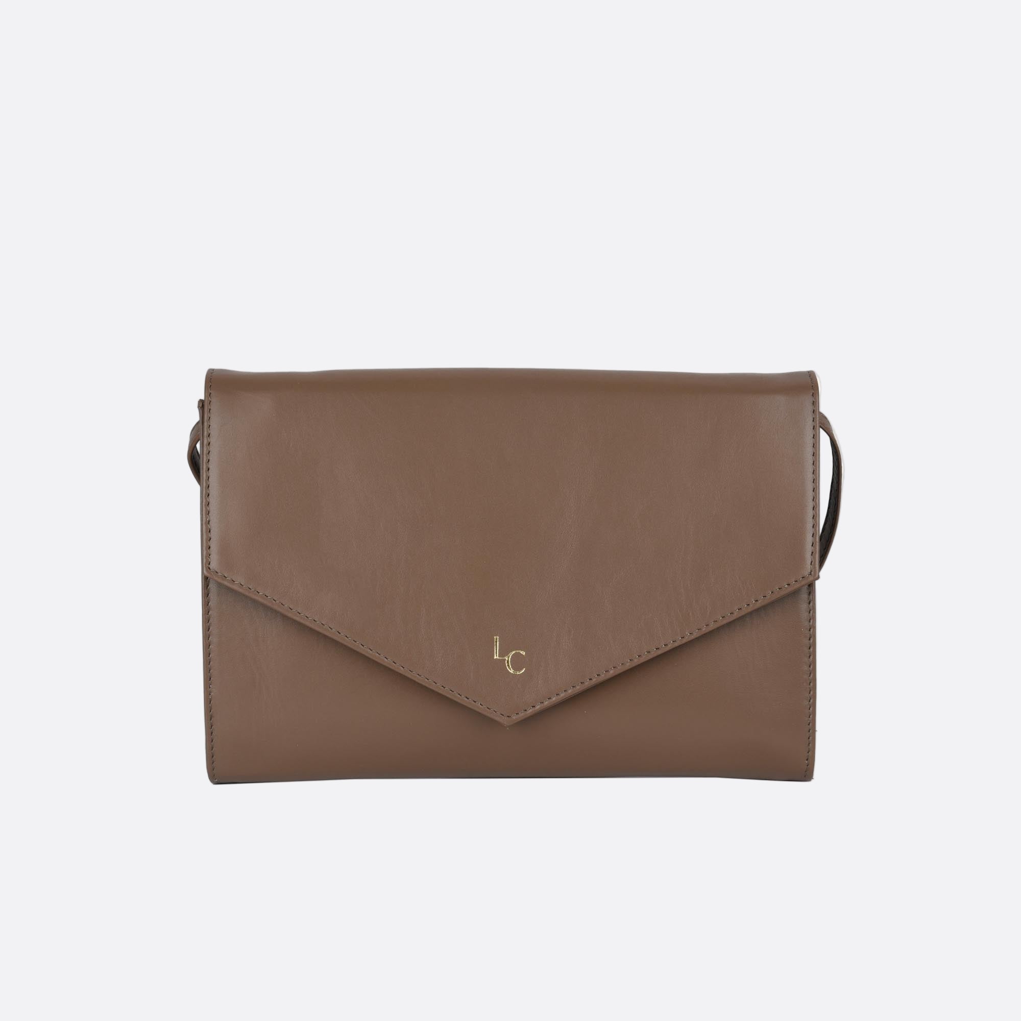 Front view of AFTON taupe leather envelope clutch bag with flap closure