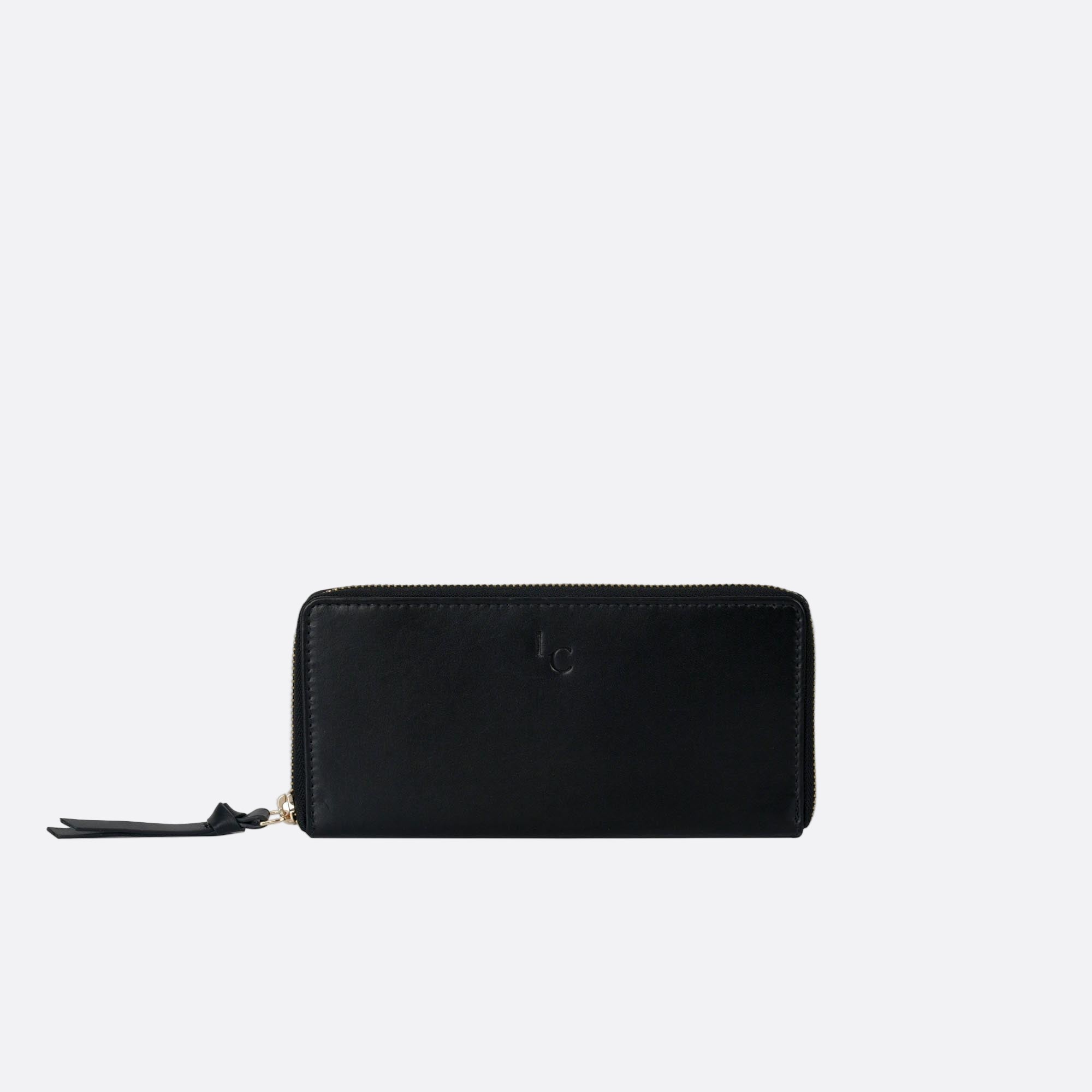 Front view of ANNA large black leather wallet with zip-around closure