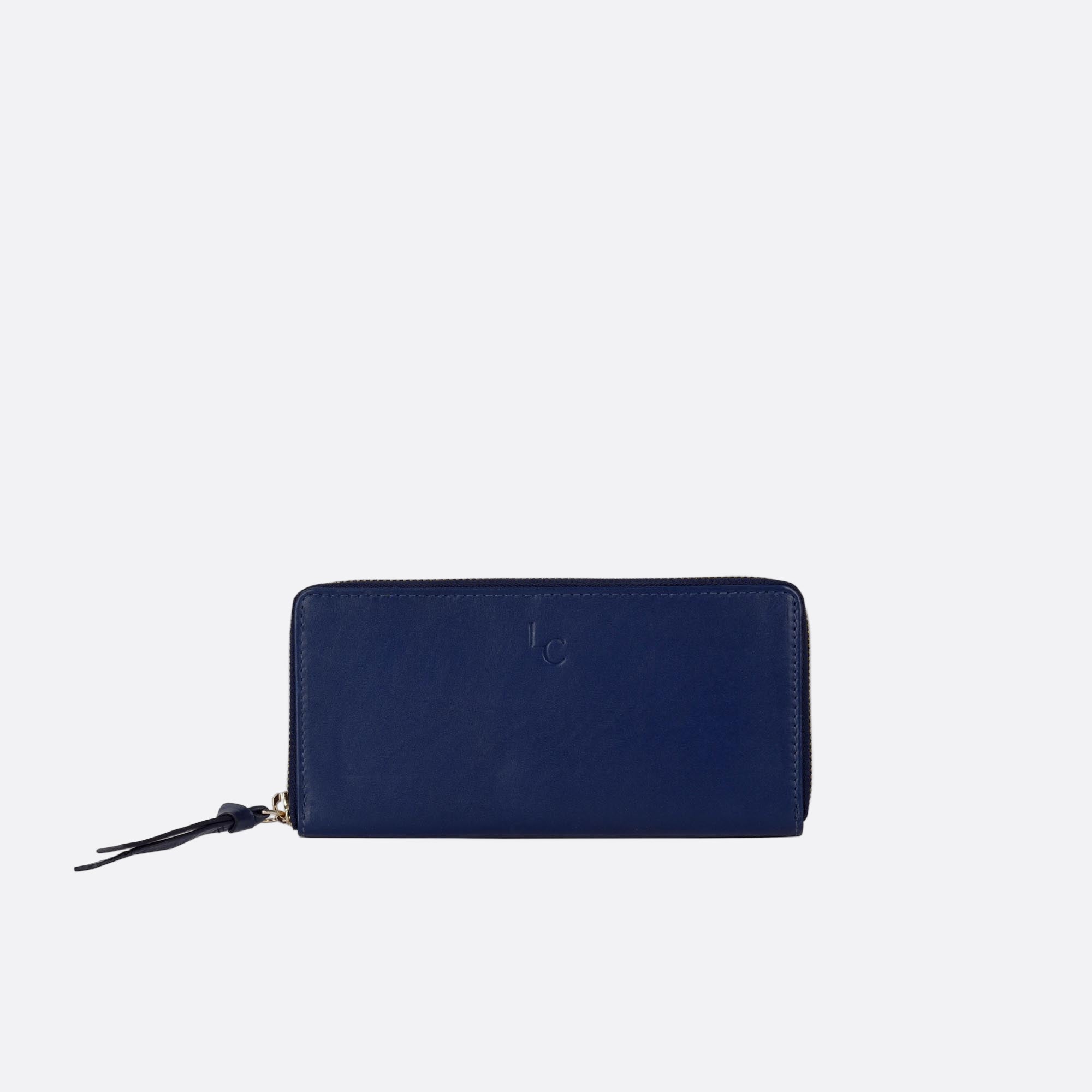 Front view of ANNA large blue leather wallet with zip-around closure