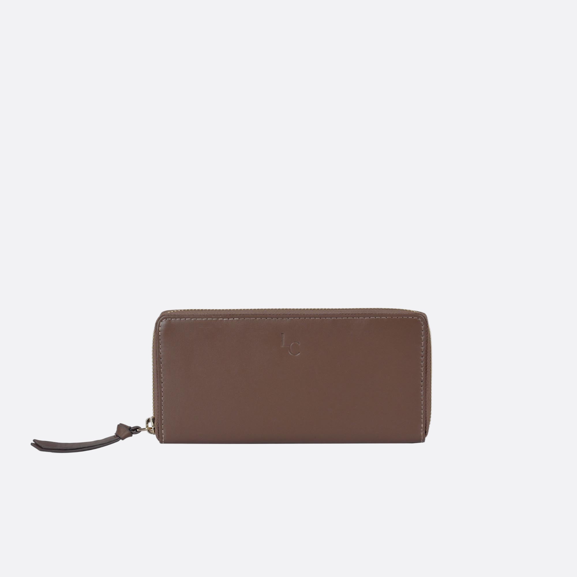Front view of ANNA large taupe leather wallet with zip-around closure