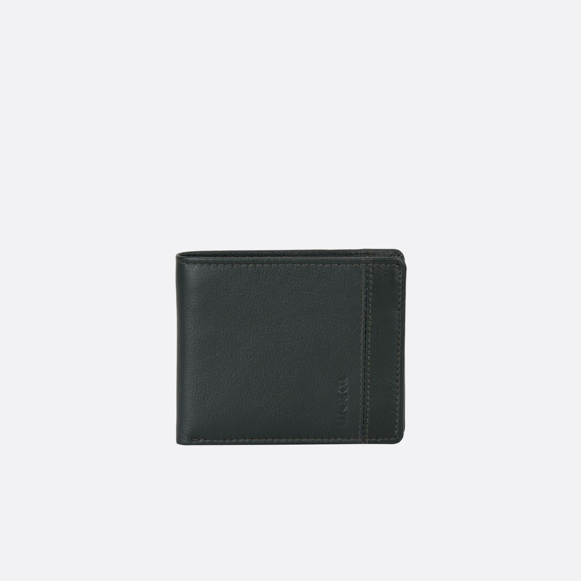 Front view of BENNY green leather wallet with folded silhouette
