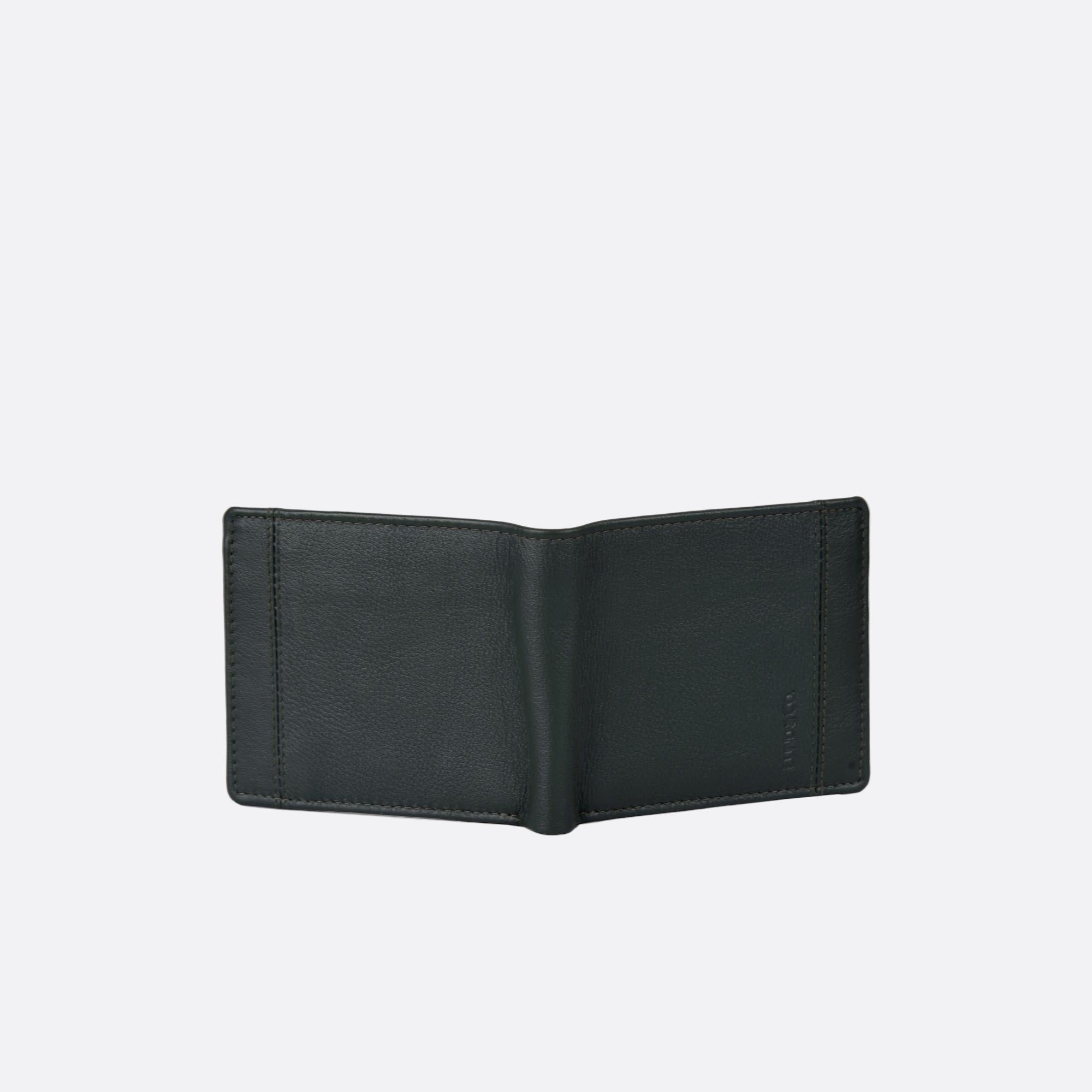 Open back view of BENNY green leather wallet with folded silhouette