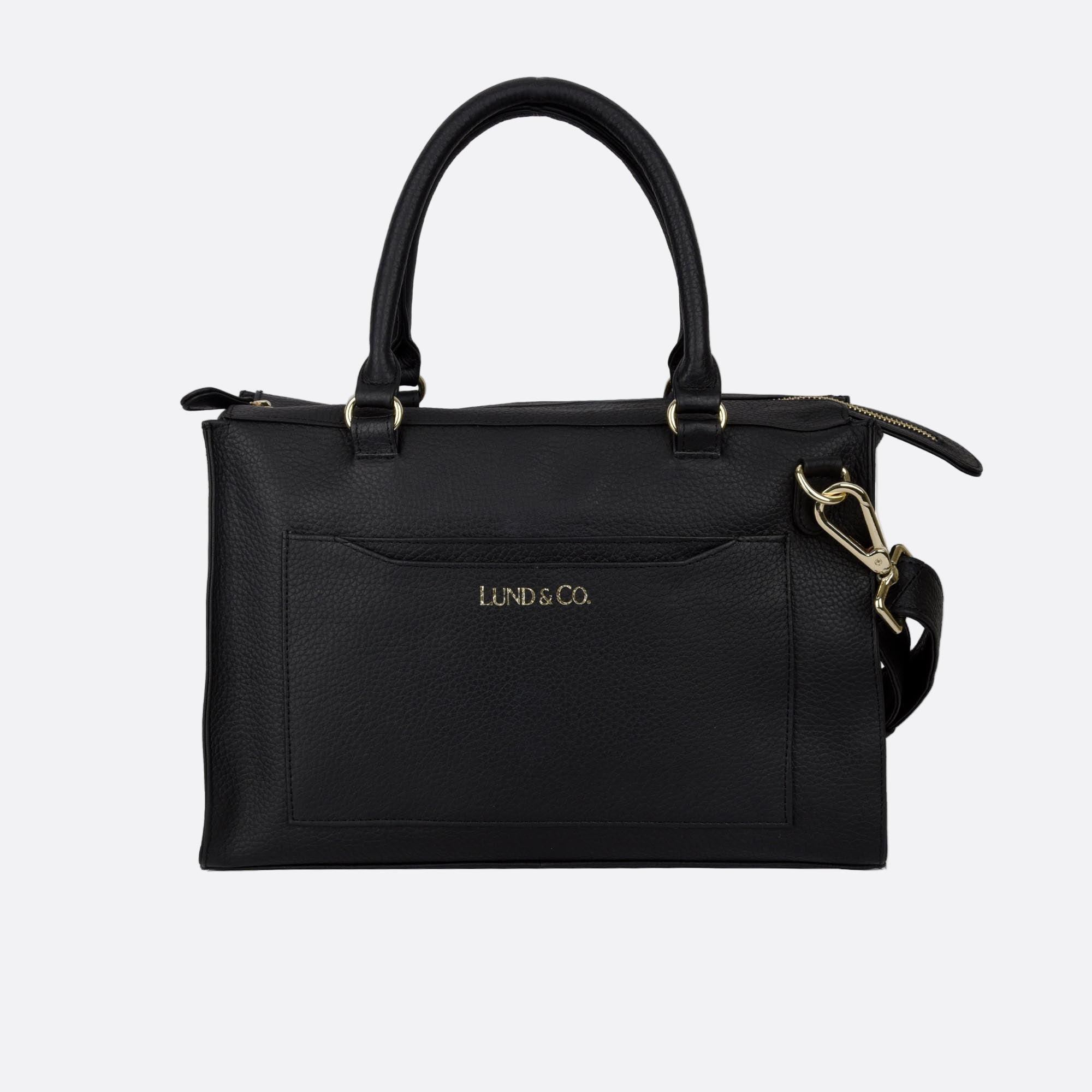 Front view of BJORK black medium leather tote with structured shape