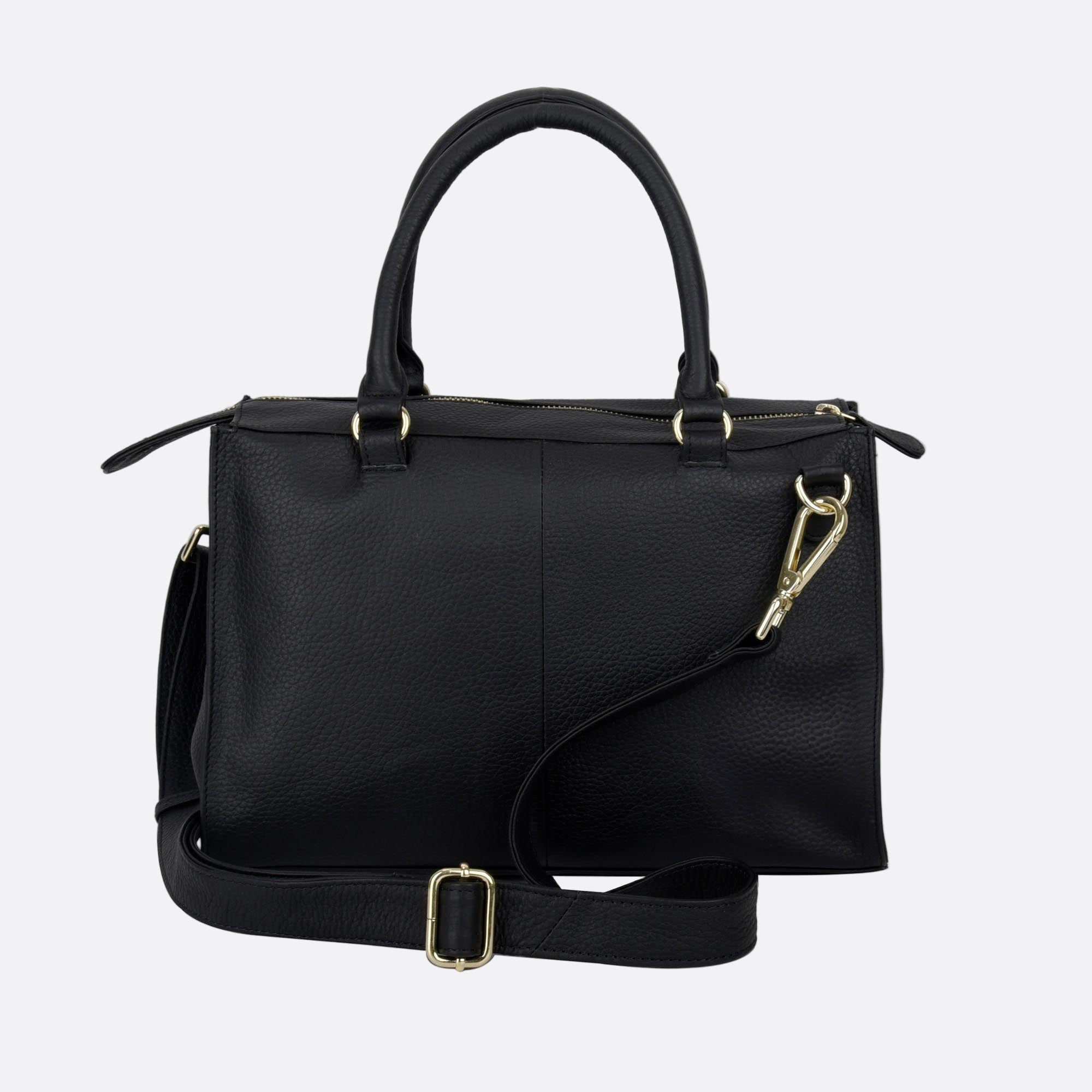 Back view of BJORK black medium leather tote with structured shape and gold detailing.