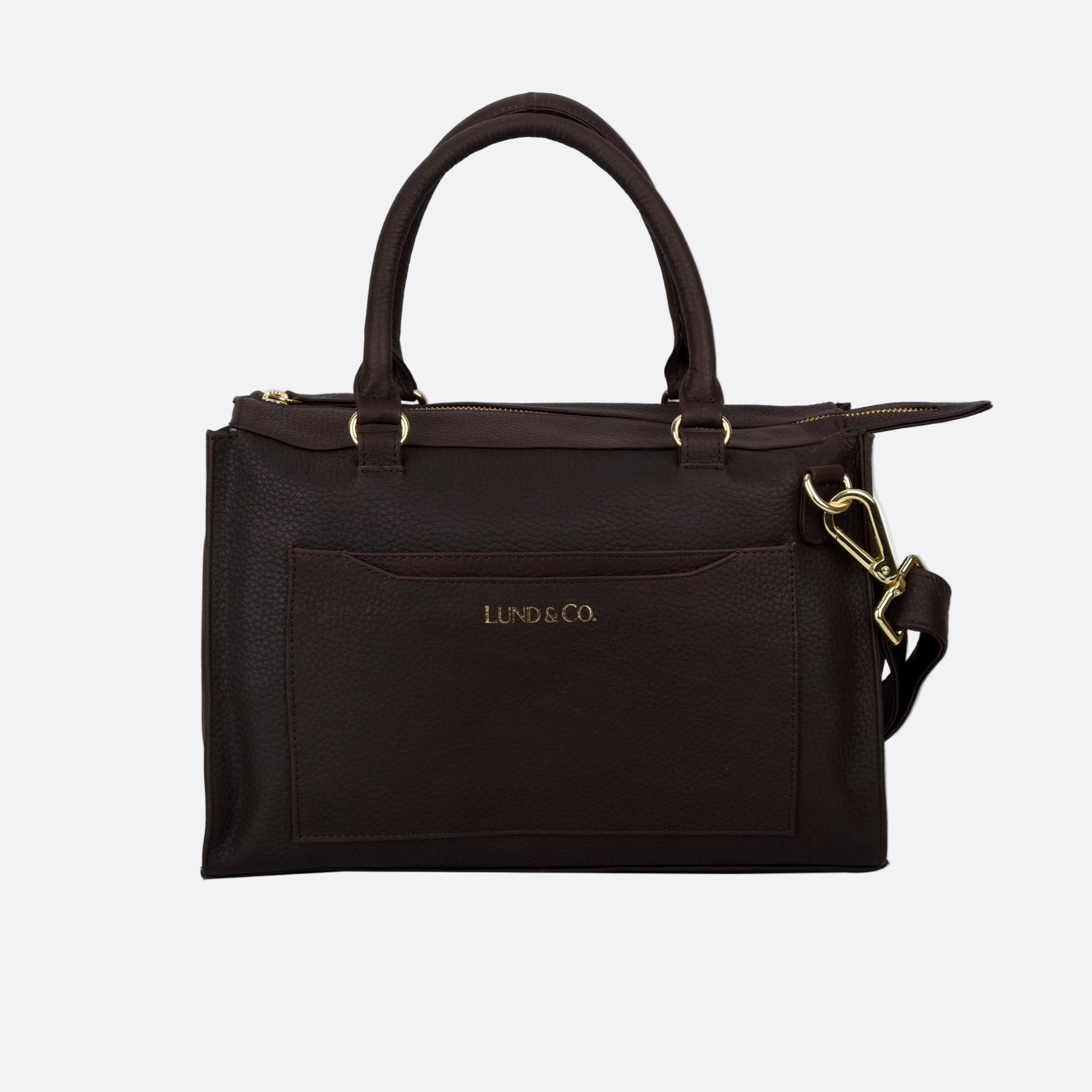 Front view of BJORK brown medium leather tote with structured shape