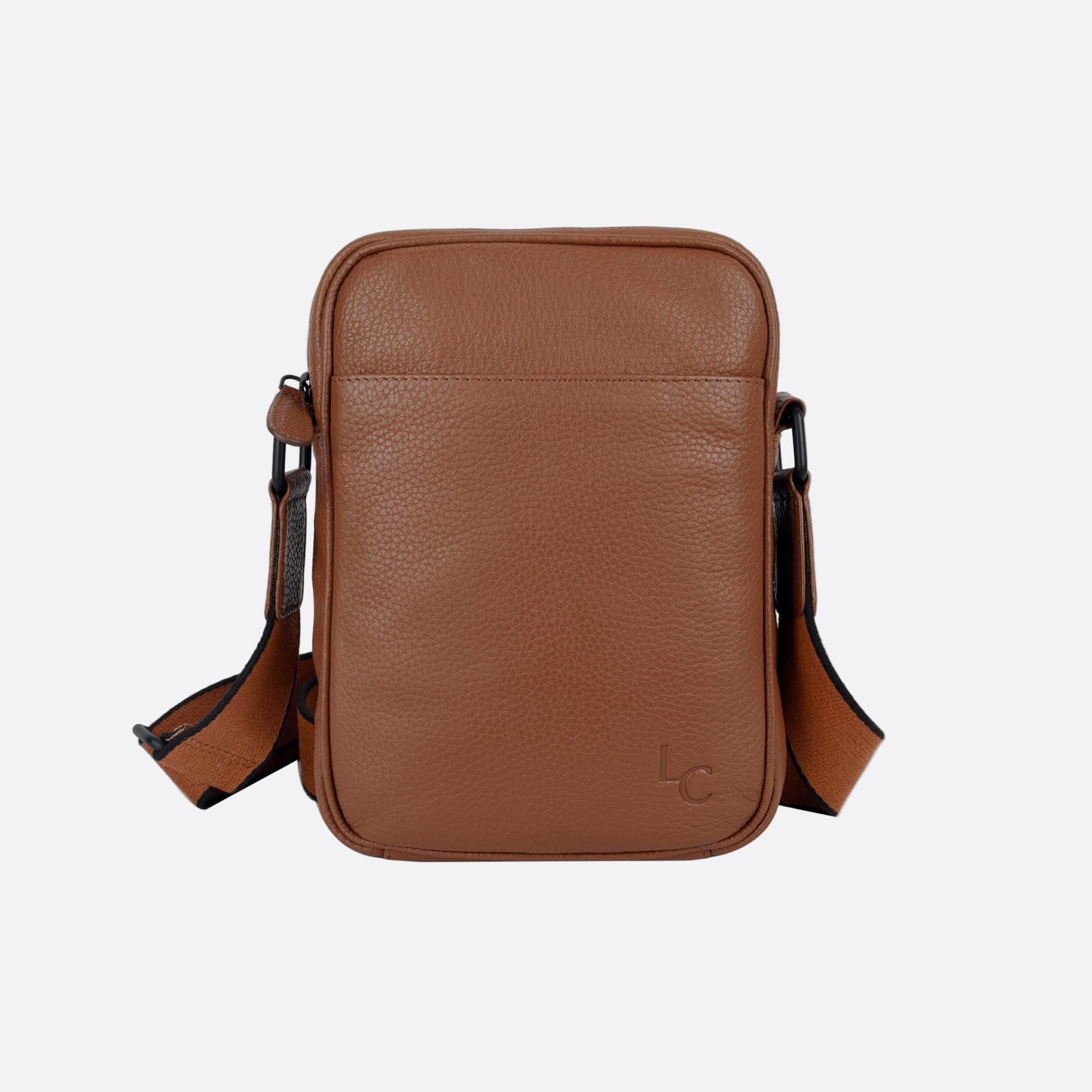 Front view of KAFFE small tan leather crossbody bag with zip closure and front slip pocket