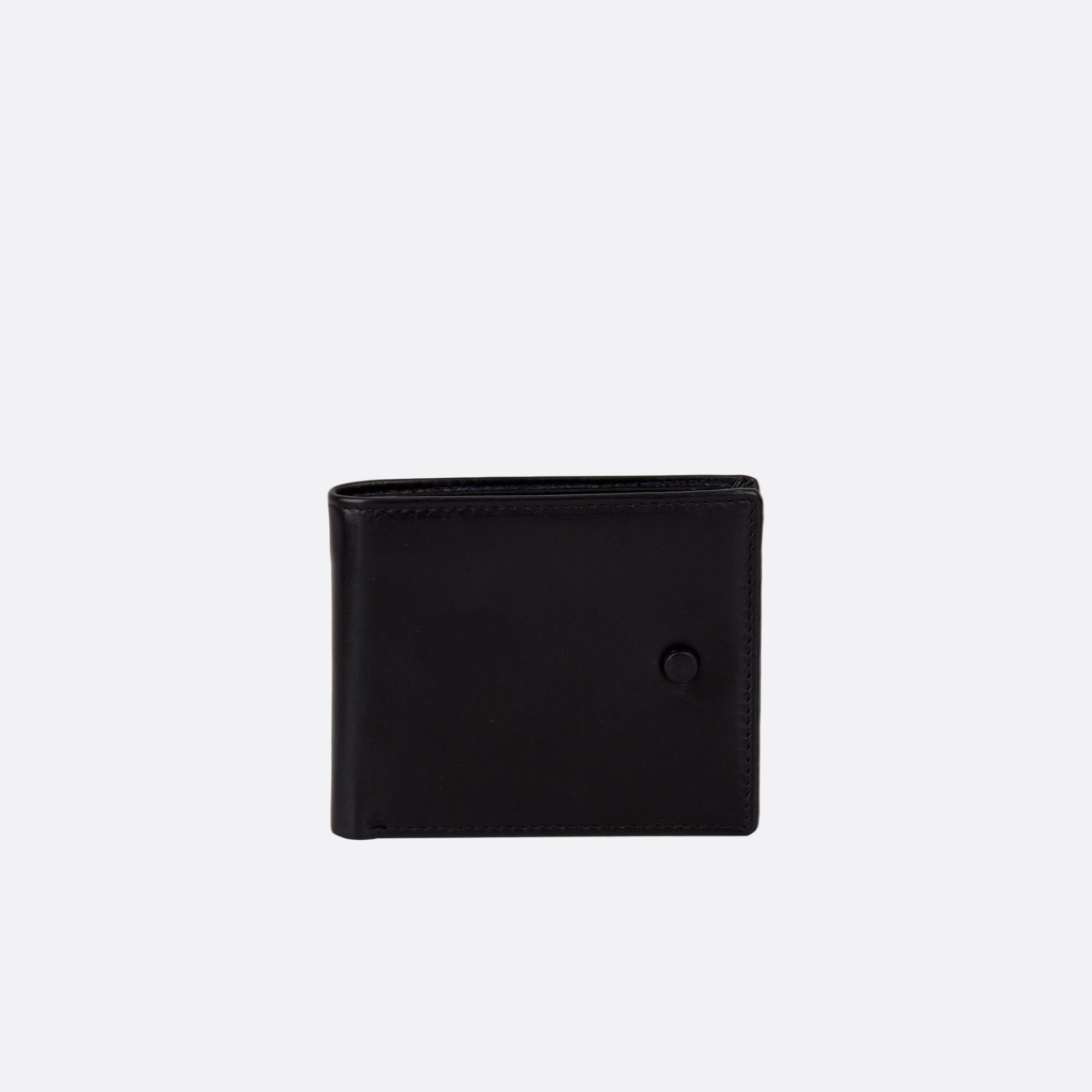Front view of KNAPP black leather card wallet with black button detail