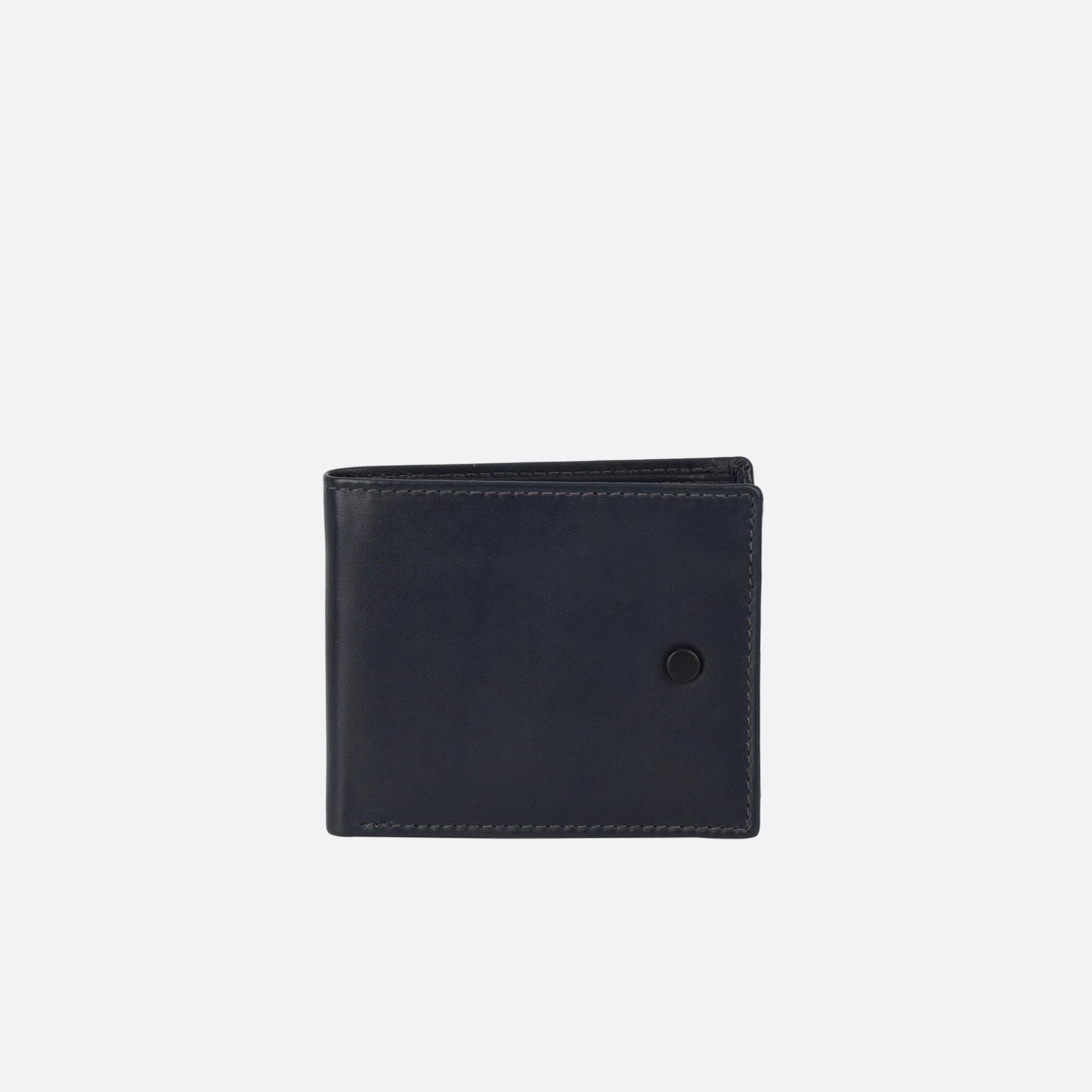 Front view of KNAPP blue leather card wallet with black button detail