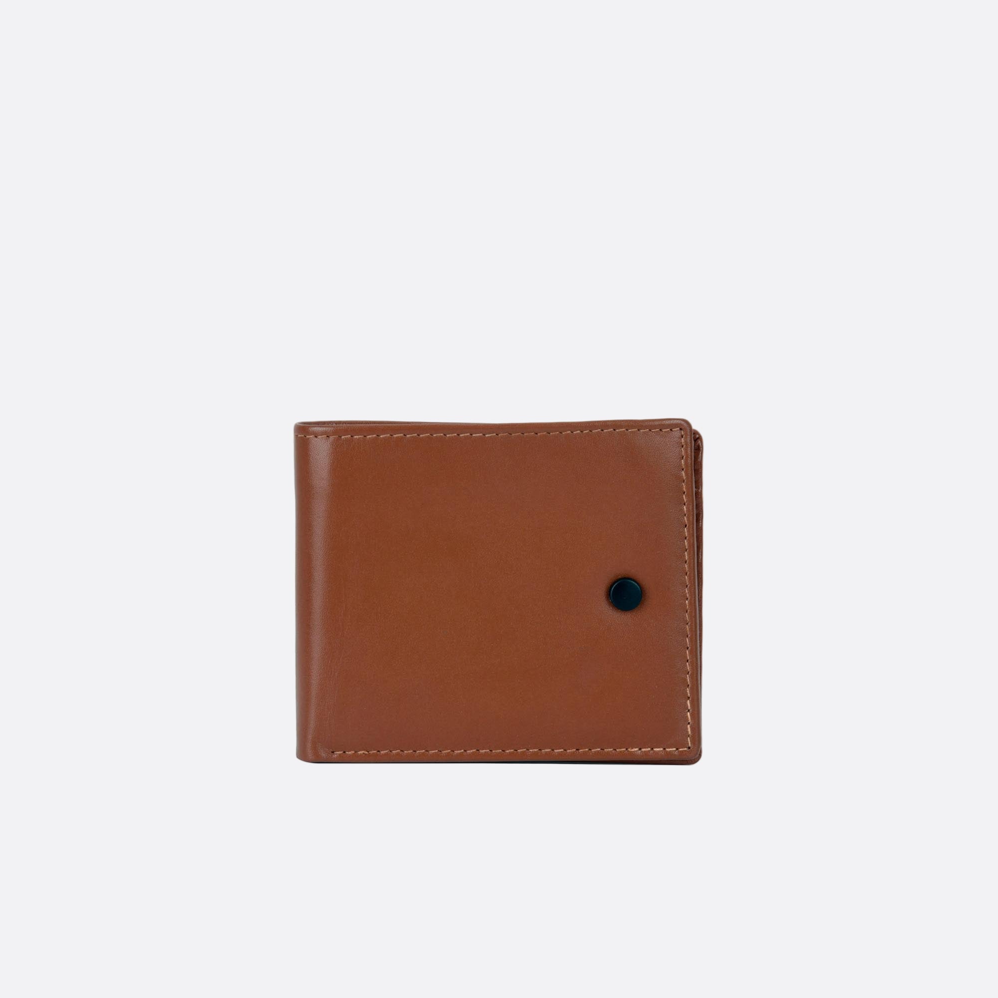 Front view of KNAPP tan leather card wallet with black button detail