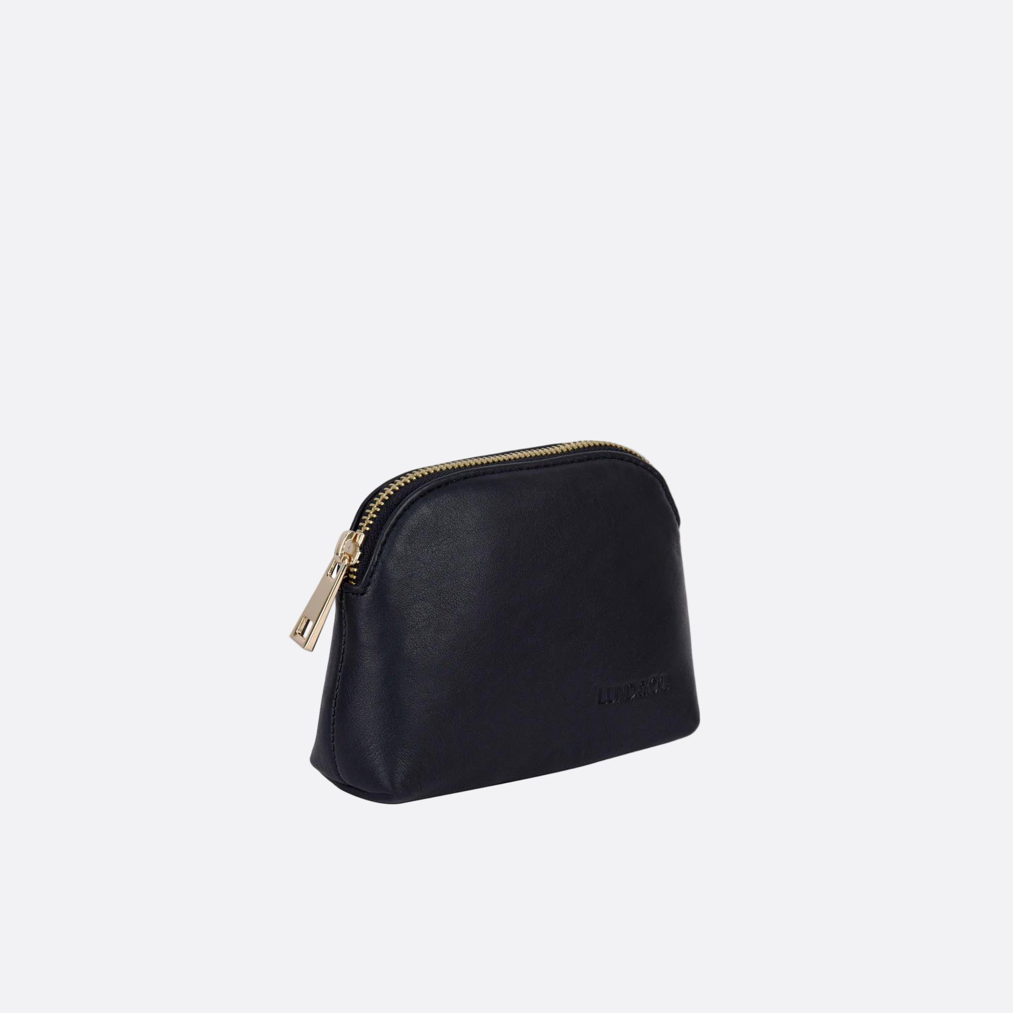 Side angle showing LILLA-L black leather purse’s structure and stitching detail