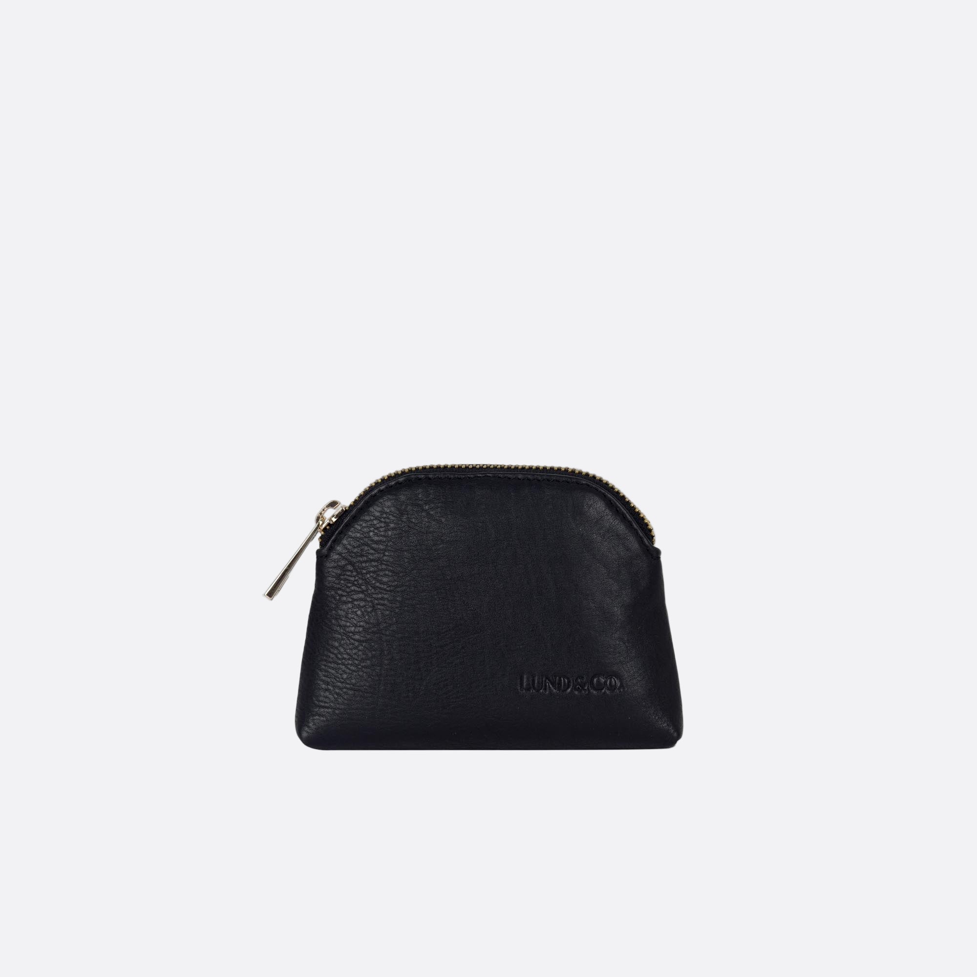 Front view of LILLA-S black leather dome purse with curved silhouette