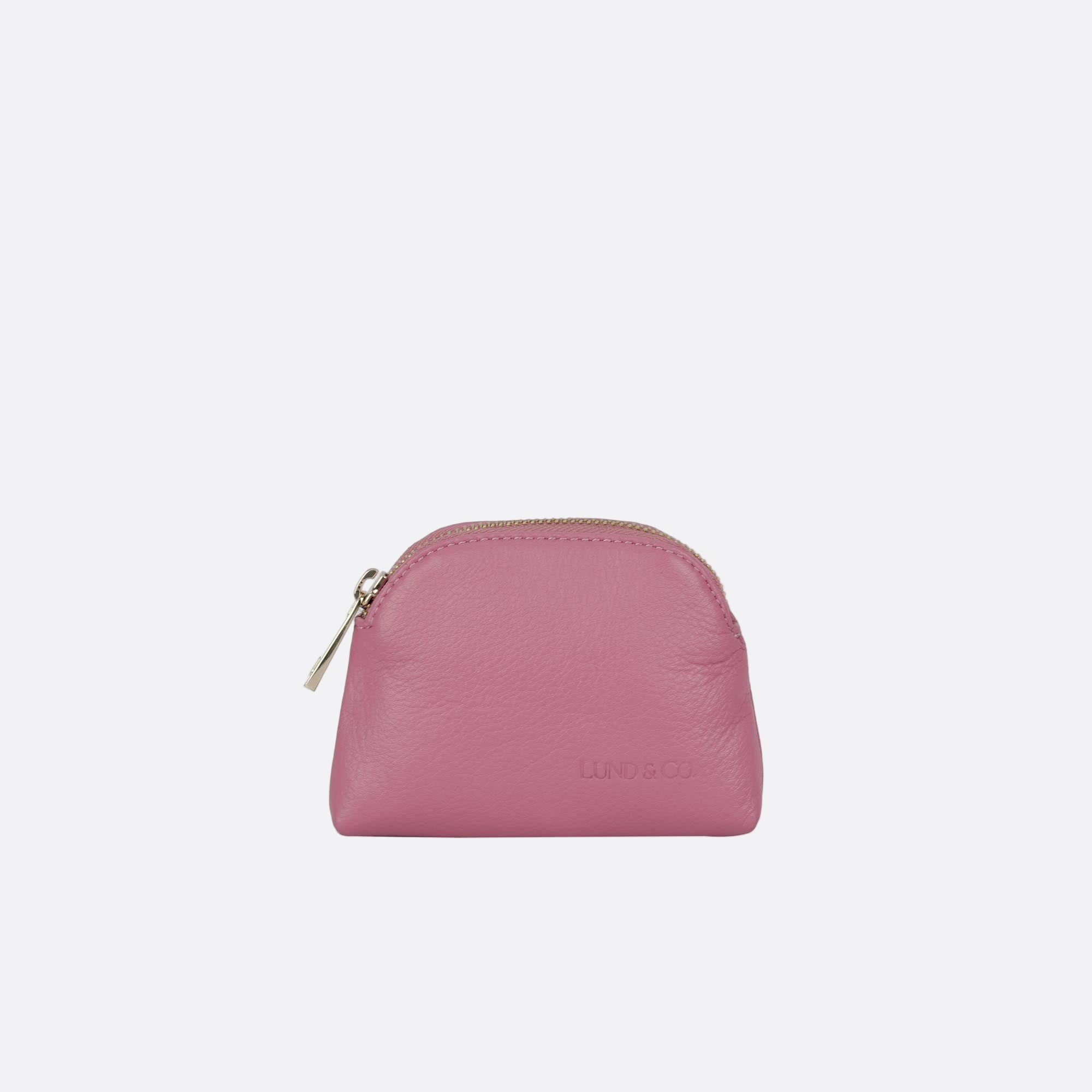 Front view of LILLA-S pink leather dome purse with curved silhouette