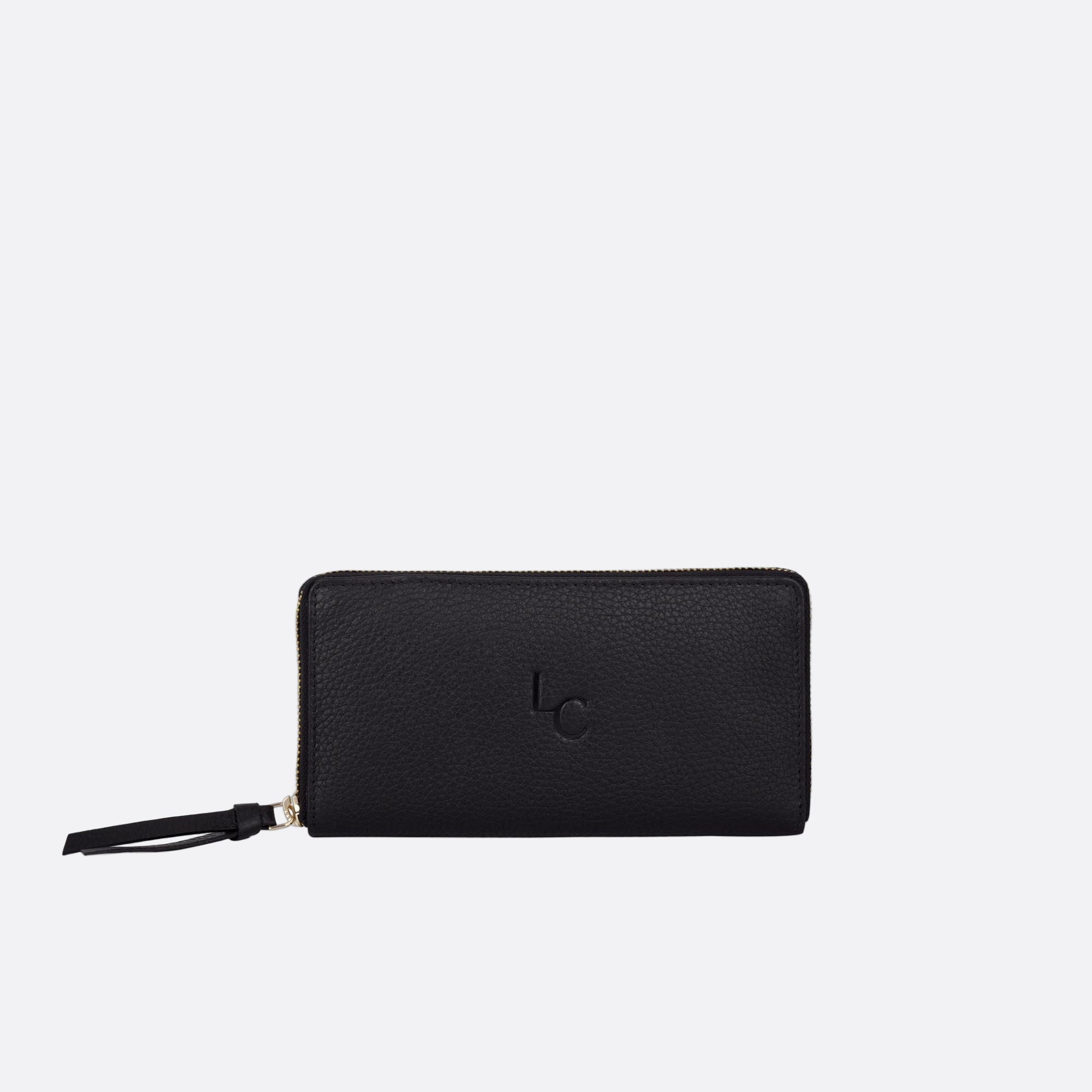 Front view of MYNT large black leather wallet with structured silhouette