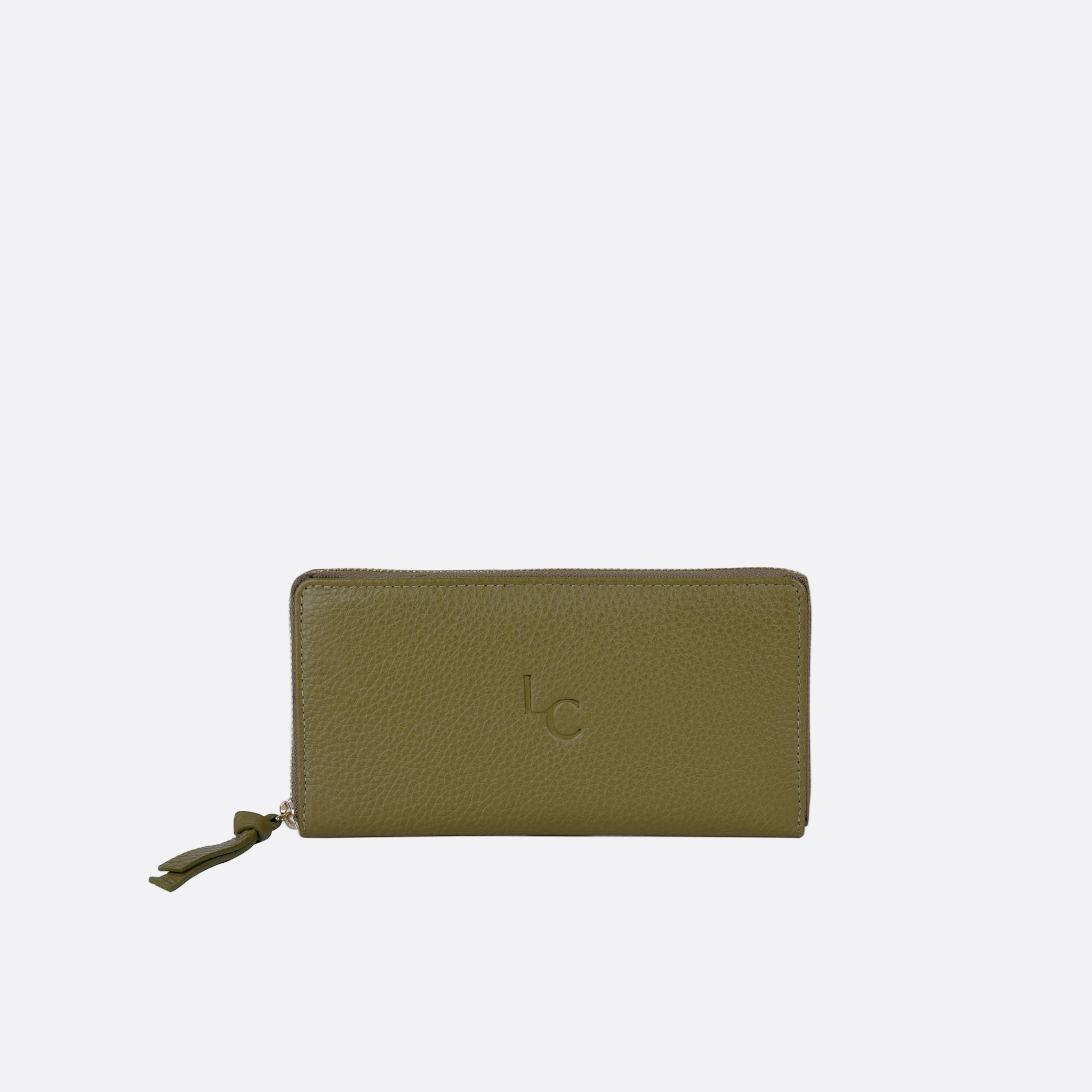Front view of MYNT large green leather wallet with structured silhouette