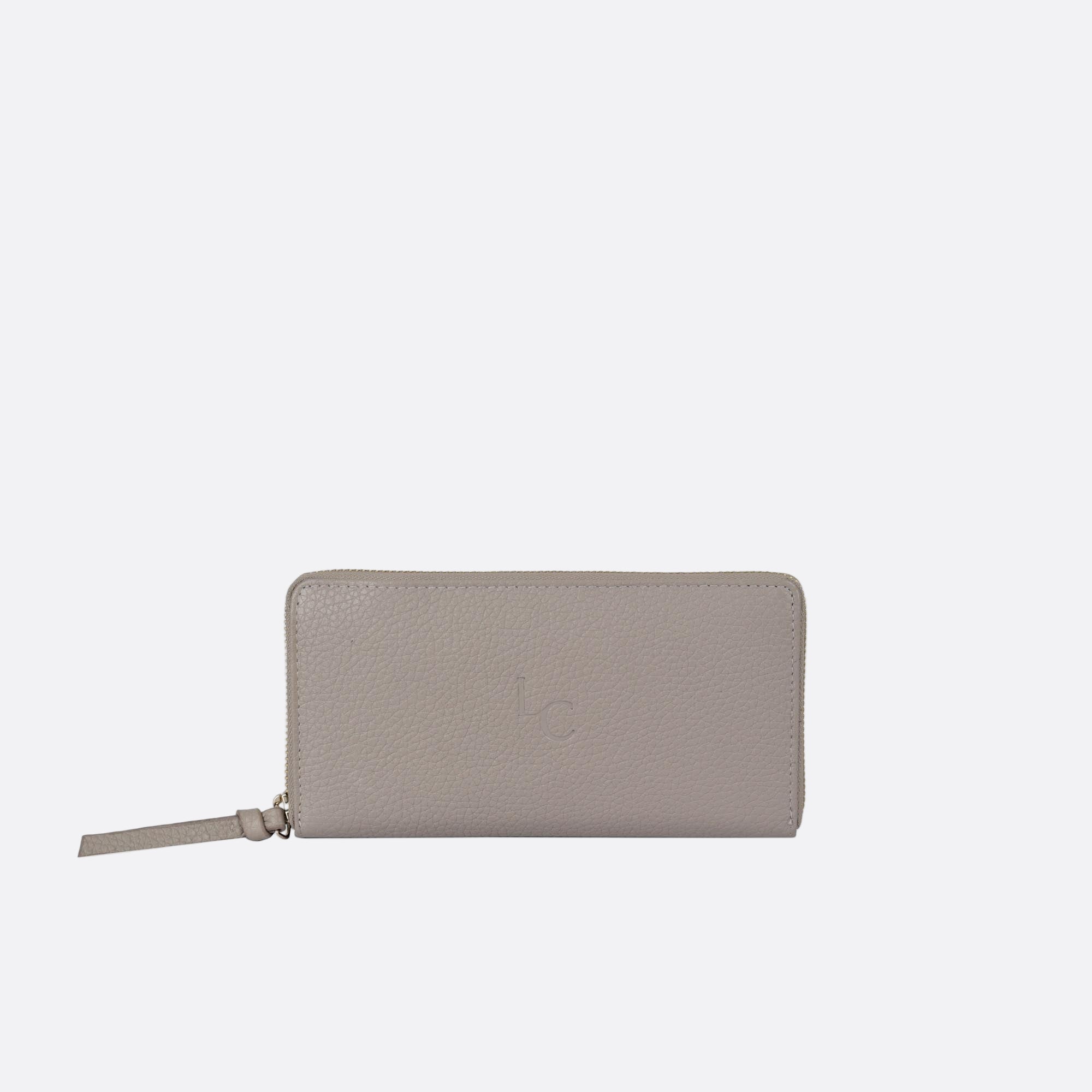 Front view of MYNT large beige leather wallet with structured silhouette