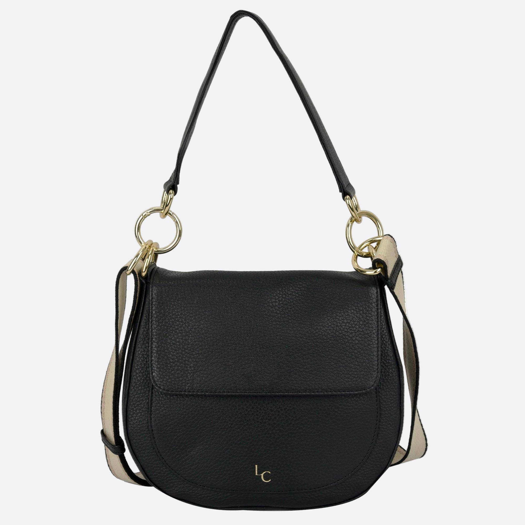 Front view of NALLE black leather crossbody shoulder bag with soft structure