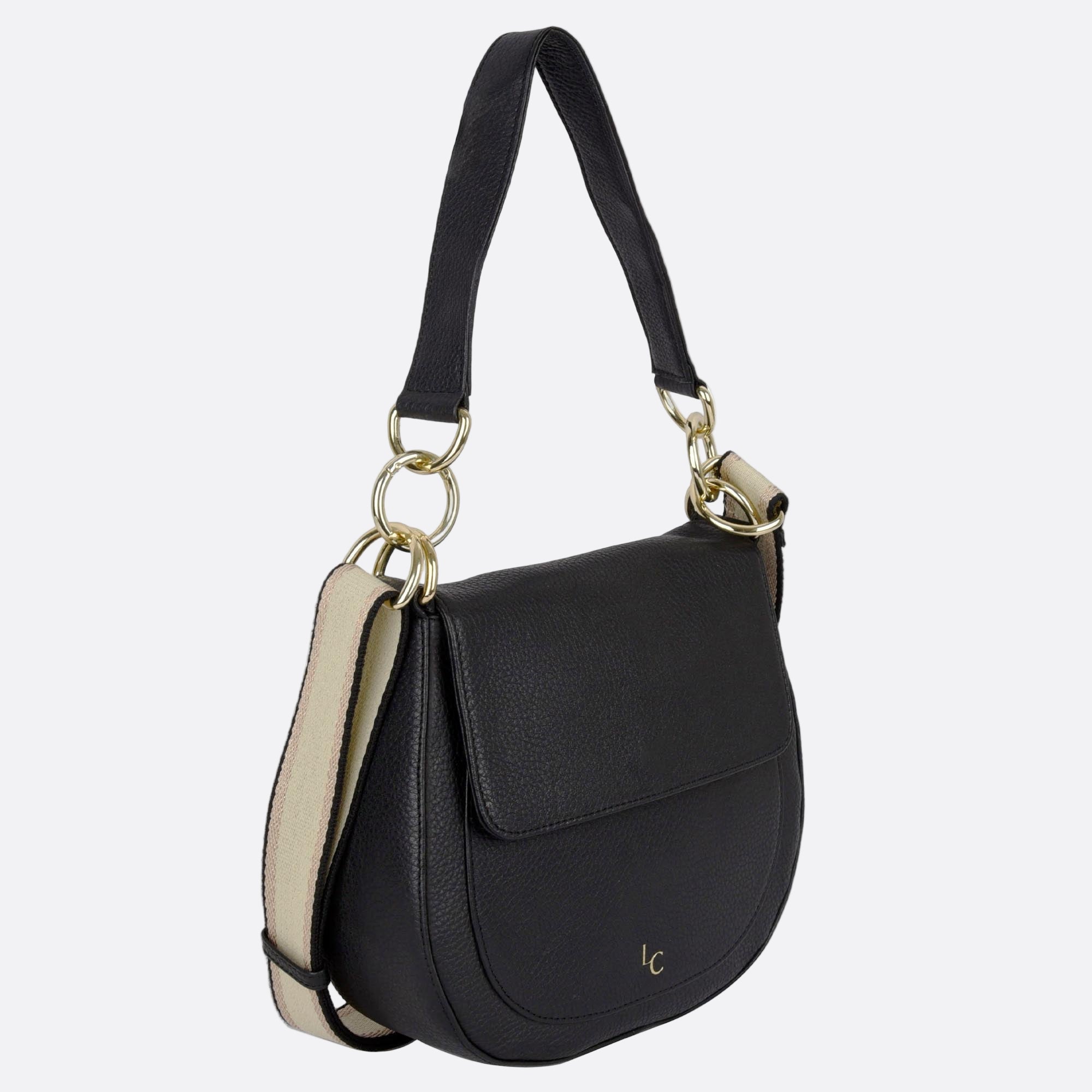 Side angle of NALLE black leather crossbody shoulder bag showing depth and curved edges