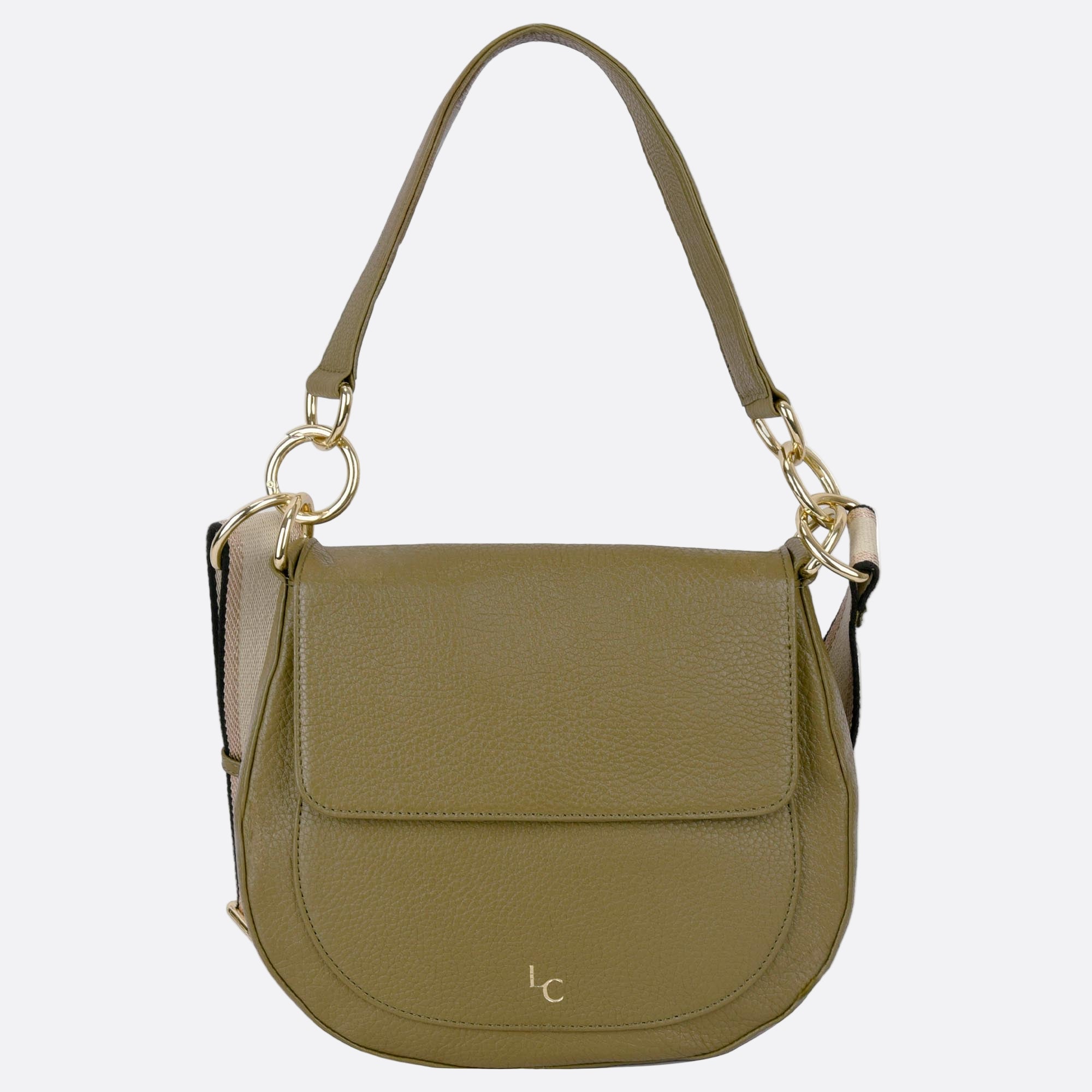 Front view of NALLE green leather crossbody shoulder bag with soft structure