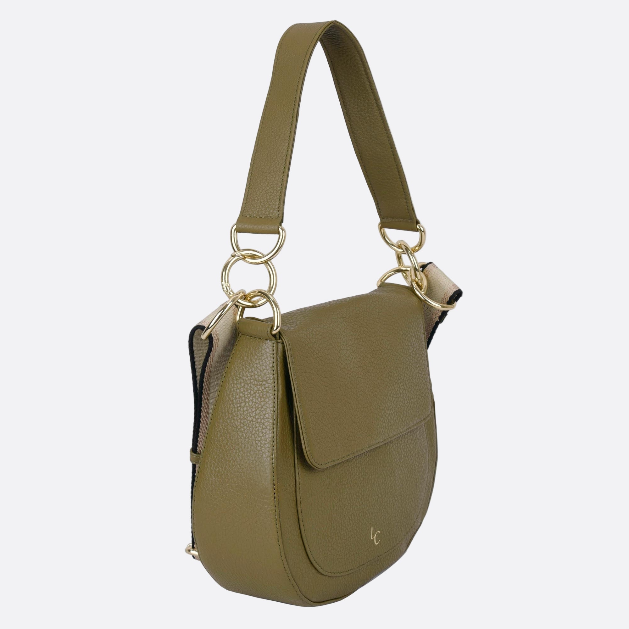 Side angle of NALLE green leather crossbody shoulder bag showing depth and curved edges