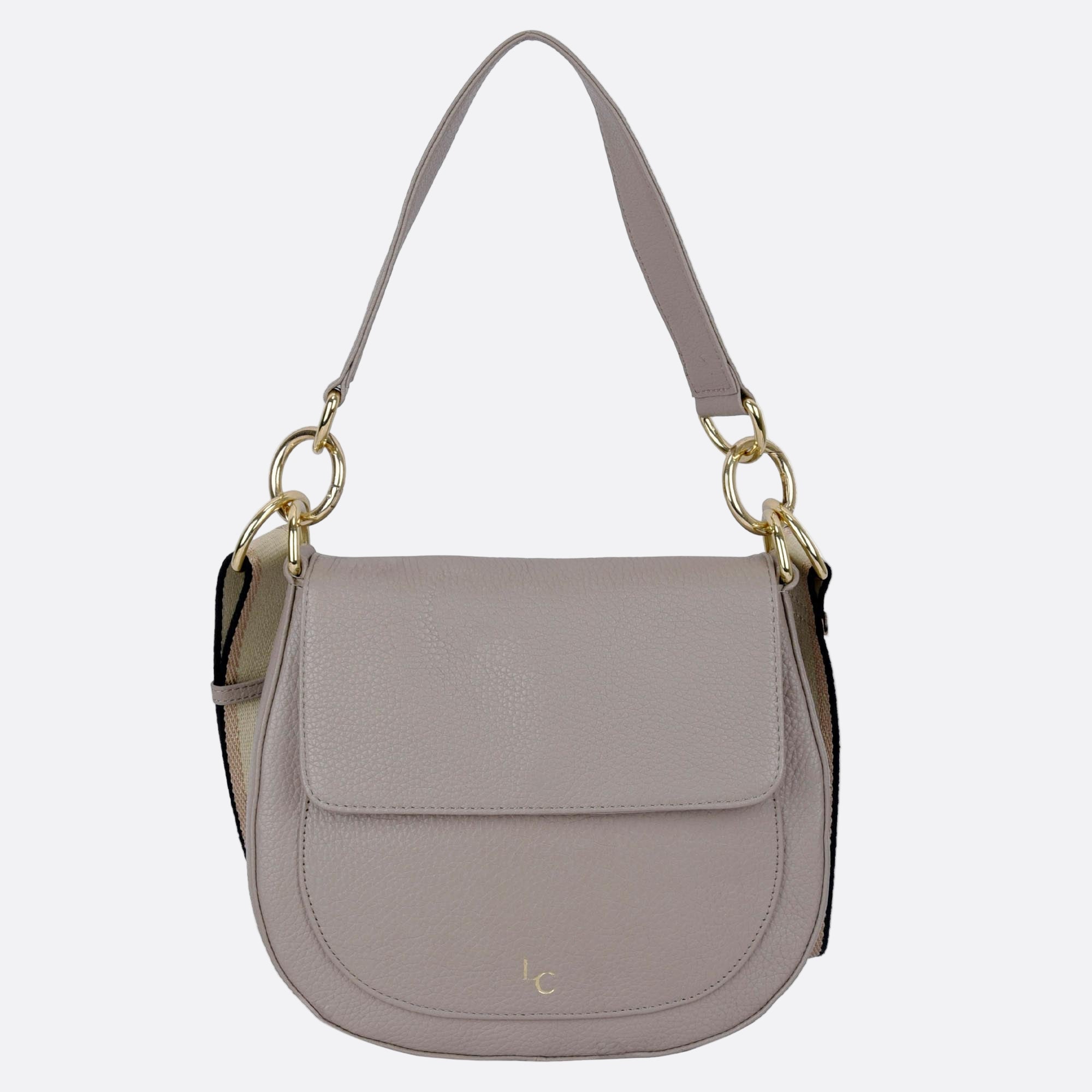 Front view of NALLE beige leather crossbody shoulder bag with soft structure