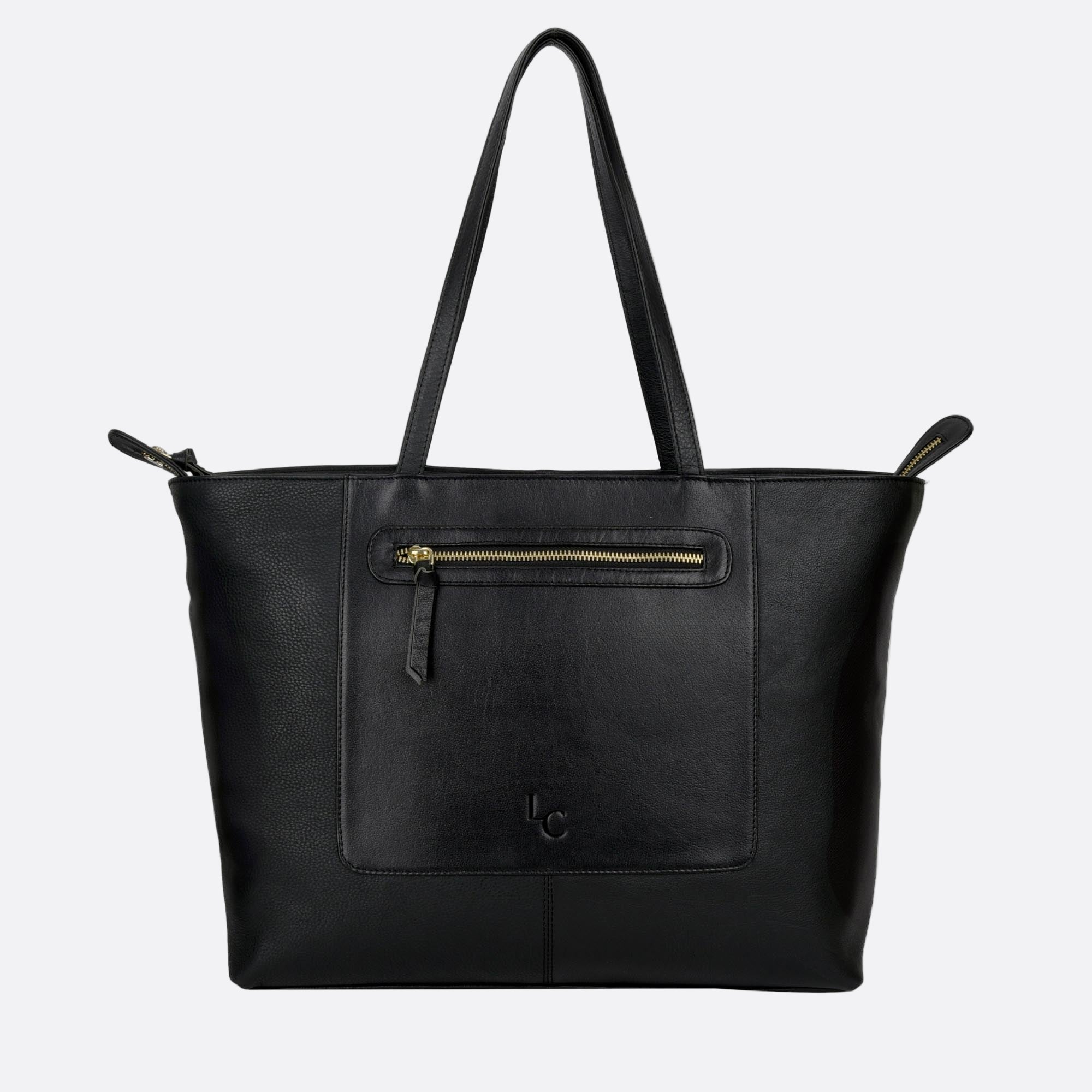 Front view of NORRA large black leather tote with structured design and contrast leather zipped pocket