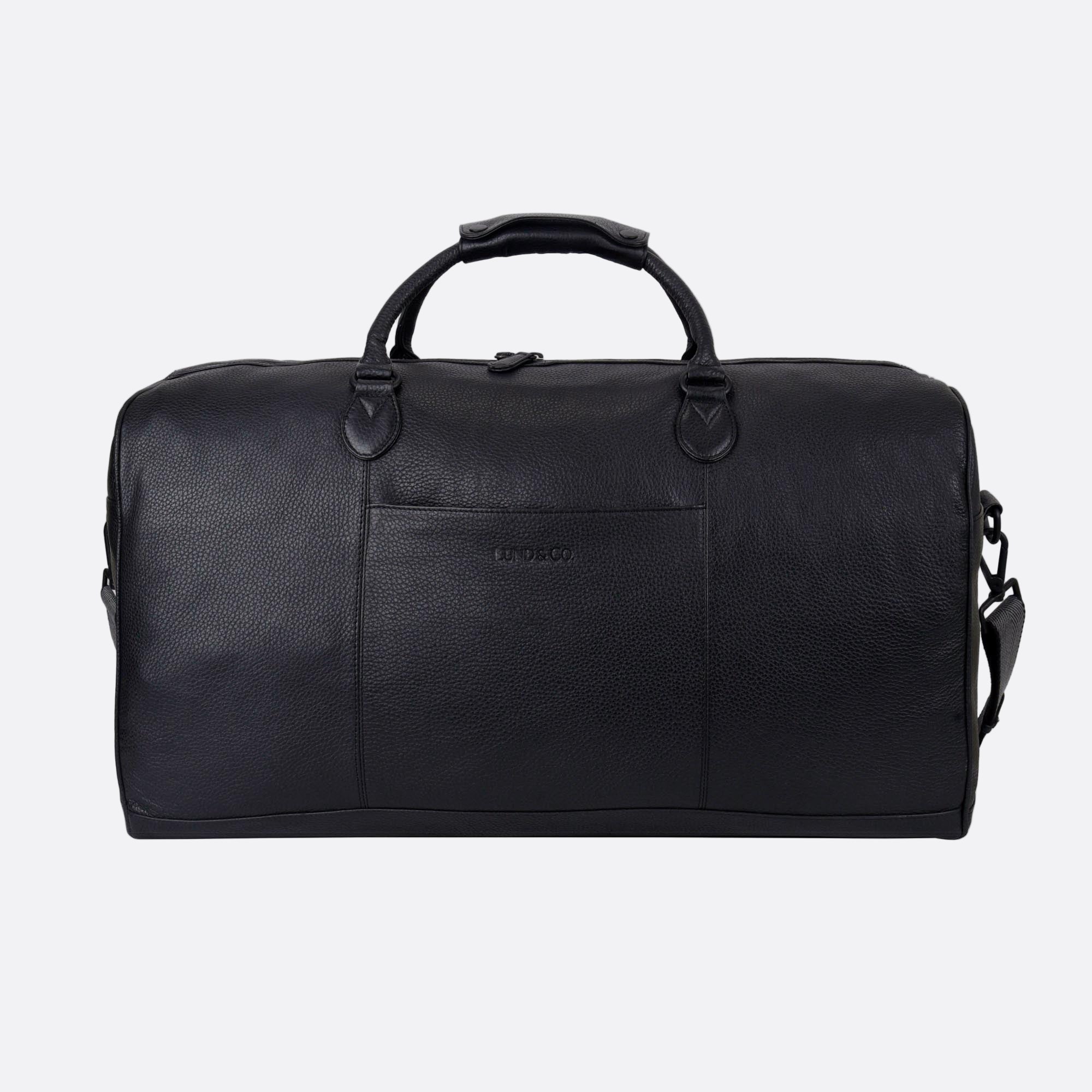 Front view of OLLE black leather duffel bag with soft structure, leather handles and adjustable webbed shoulder strap