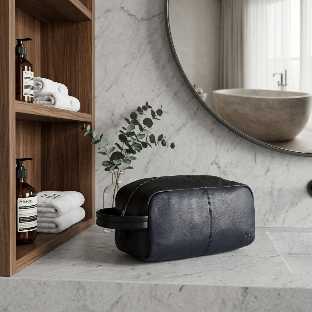 PACKA Wash Bag - Black/Navy Leather